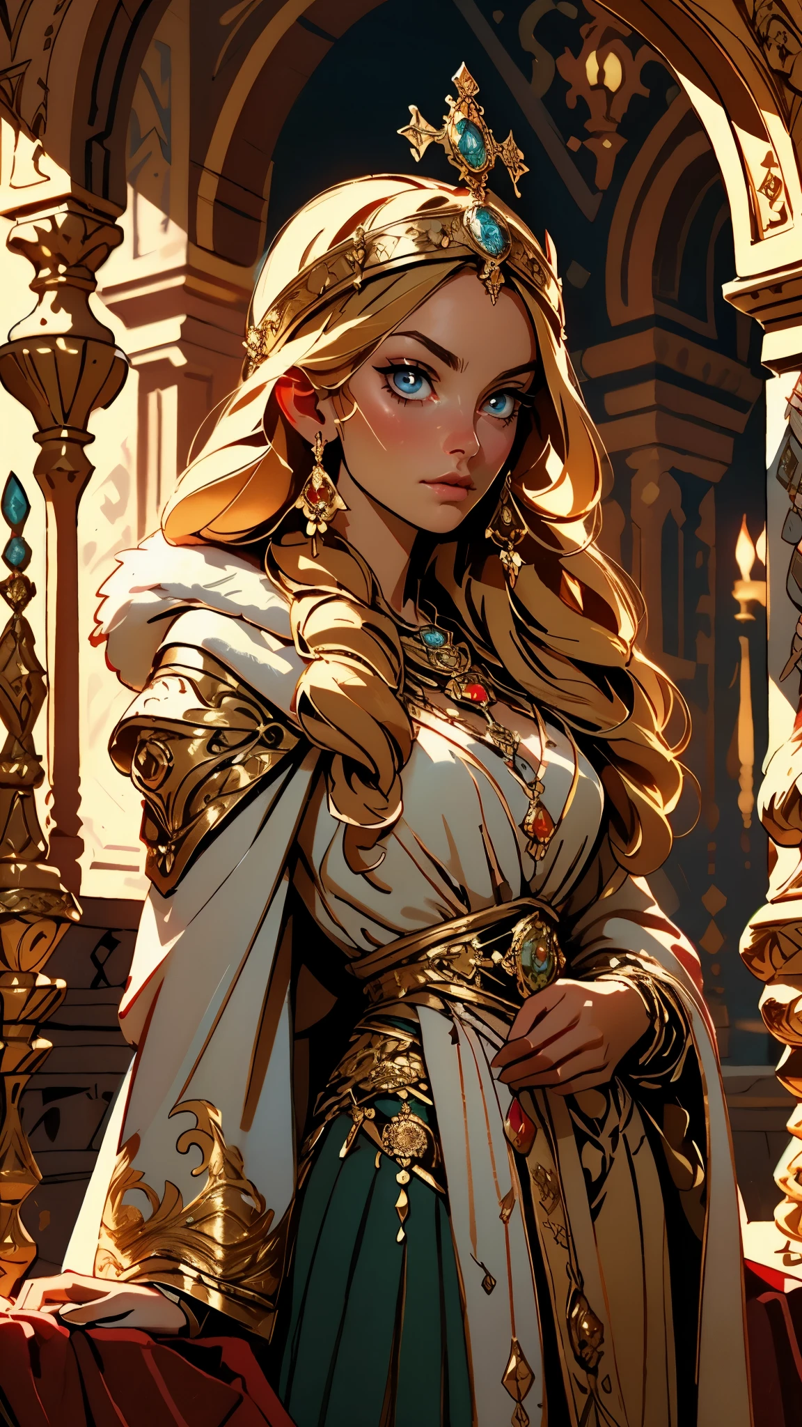 A girl with long golden hair, choppy bangs, Nordic heritage, a petite figure, delicate facial features, pale skin, porcelain skin, an innocent yet determined gaze, she wears an exquisite headband, dressed in a fantasy-style Slavic royal dress, a fur shawl draped over her shoulders, wide sleeves, a luxurious layered skirt, the background features a fantasy-style royal castle, this character embodies a finely crafted fantasy-style Slavic princess in anime style, exquisite and mature manga art style, high definition, best quality, highres, ultra-detailed, ultra-fine painting, extremely delicate, professional, anatomically correct, symmetrical face, extremely detailed eyes and face, high quality eyes, creativity, RAW photo, UHD, 32k, Natural light, cinematic lighting, masterpiece-anatomy-perfect, masterpiece:1.5