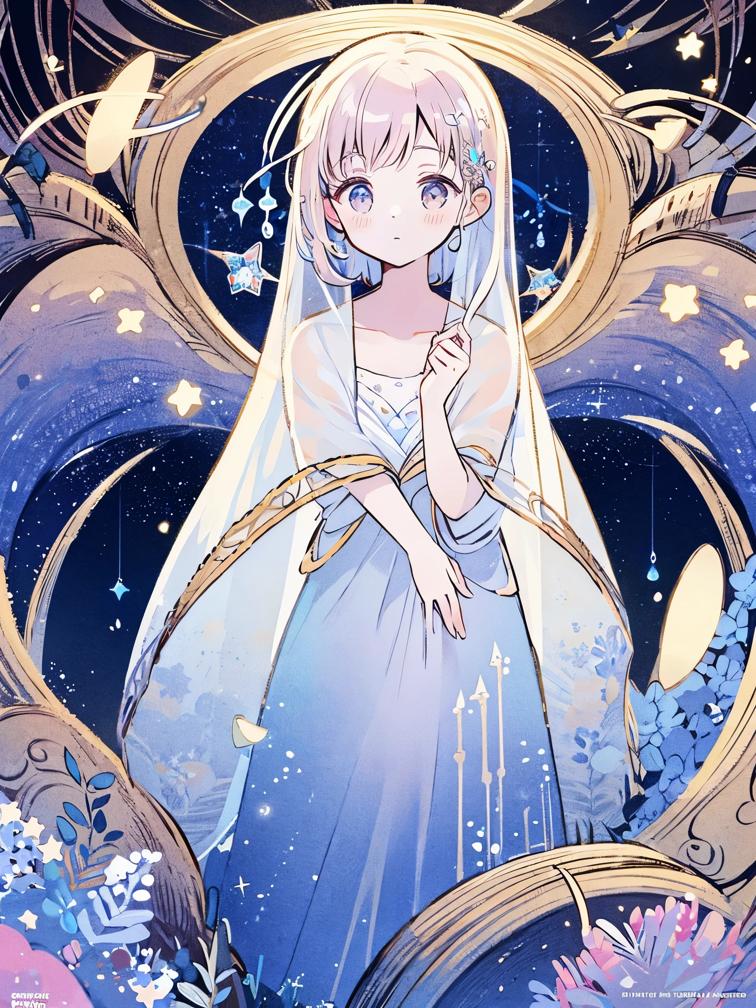 complex background, wishing star background, woman inside of the bottle wearing a ethereal mystical pink traslucent dress that reflects the stars , perfume promo art, mystic,complex drawing, highly detailed, Covergirl brand, promo art,a woman inside of a perfume bottle. artistic rendition, ethereal, starry night, midjourney style