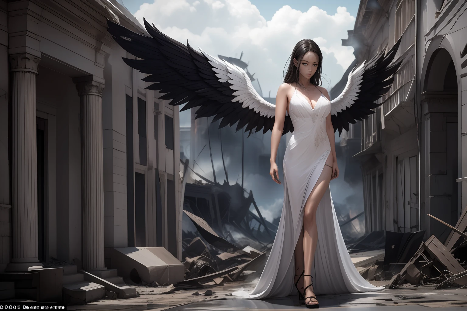 (front view:1. 2) of a black and graceful fallen female angel,finely detailed features,warmly lit from the front,hyper realistic, ultra detailed photograph of a woman, large white wings folded down, sad, intricate white dress, walk on decrepit street in fire, destroyed buildings, dark sky, active fires in background, volumetric fog, subsurface scattering, ambient occlusion, post apocalyptic, ruins of war, fire, smoke,