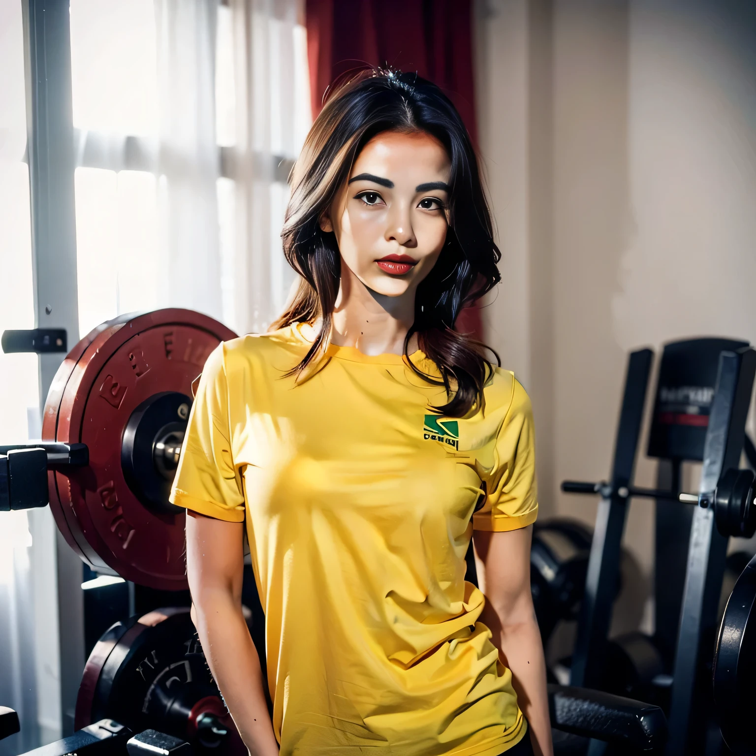 woman in a yellow shirt standing in a room, looks fabiula Nascimento, Brazil, 40 year old Brazilian, in São Paulo. She is 155 cm tall and around 40 years old. A woman with tanned white skin and dark hair. She is around 40 years old. She has slightly full lips and dark brown eyes. Perfect body, slim body, slim waist. tanned skin, soft lips, red lipstick, a feeling of lightness and joy, hyperrealism, very elaborate skin. Fitness woman, fit woman, gym woman, woman in good physical shape, full body photo, clear photo, high quality, high resolution, masterpiece, 8K.