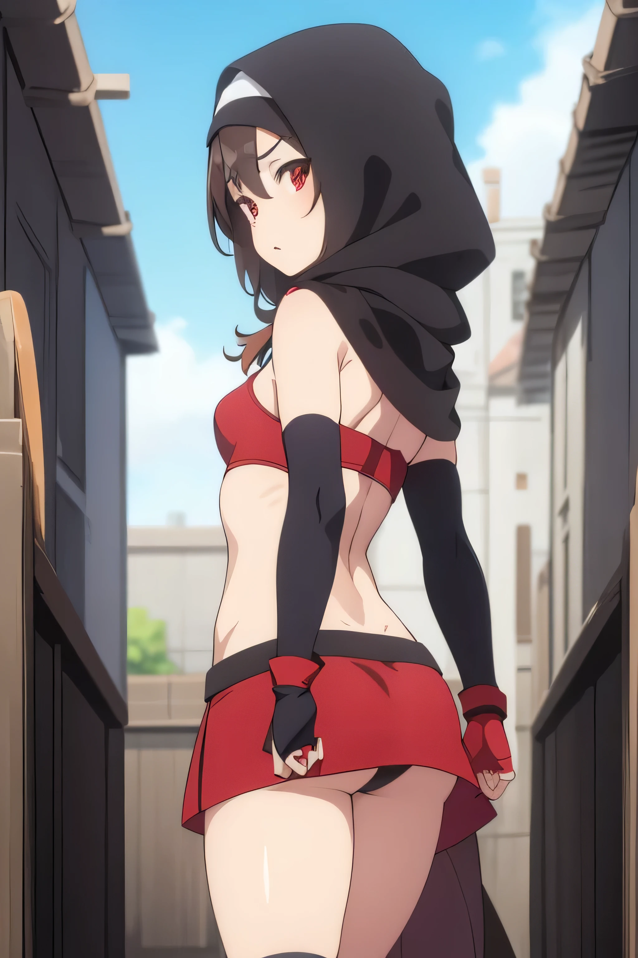 1 girl, hijab, cute, brown hair, hair between the eyes, red eyes, black gloves, flat , necklace, red bra, bare shoulders, miniskirt, socks, looking at the audience, anime style, back screen of the place of worship