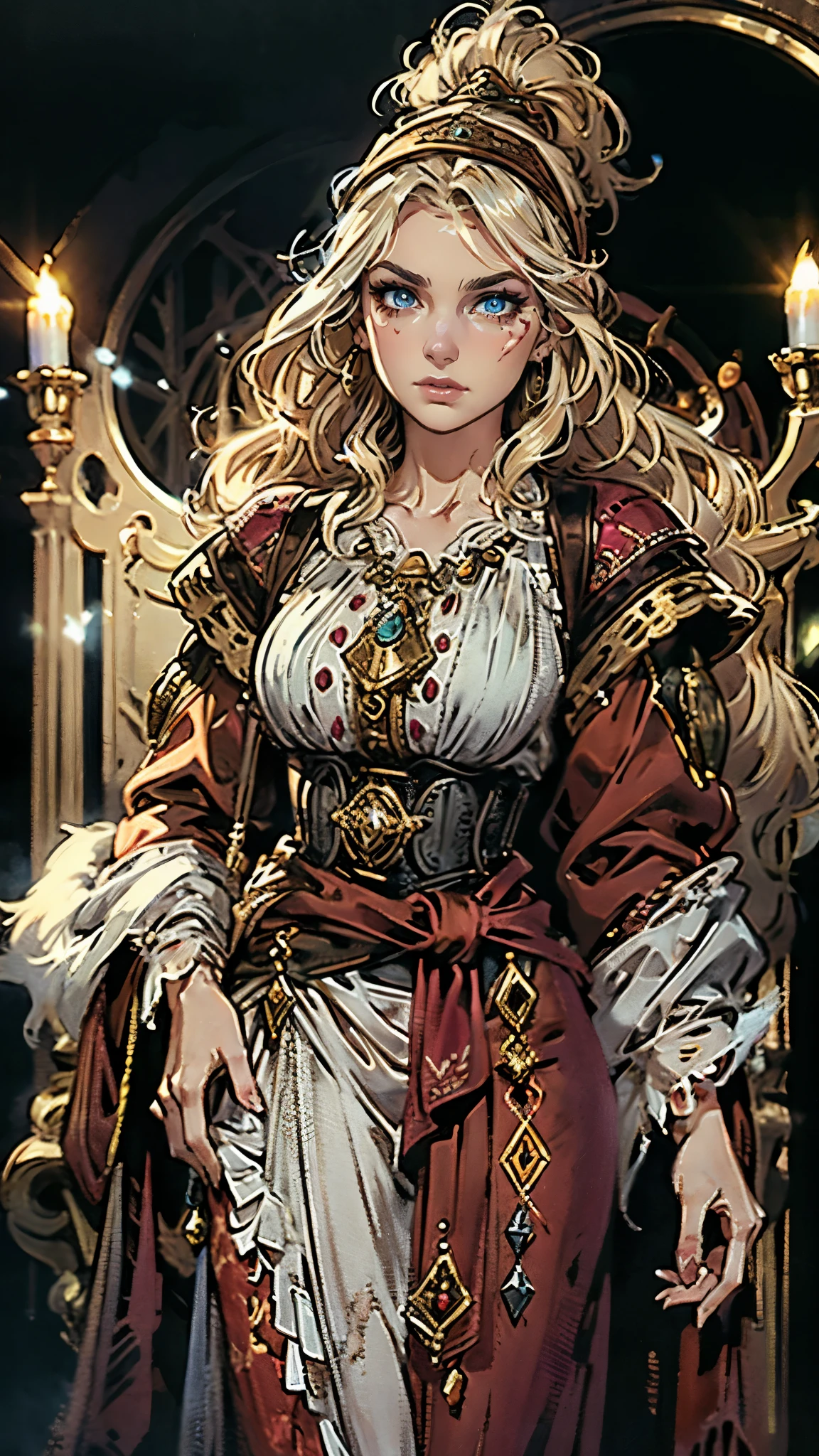 A girl with long golden hair, choppy bangs, Nordic heritage, a petite figure, delicate facial features, pale skin, porcelain skin, an innocent yet determined gaze, she wears an exquisite headband, dressed in a fantasy-style Slavic royal dress, a fur shawl draped over her shoulders, wide sleeves, a luxurious layered skirt, the background features a fantasy-style royal castle, this character embodies a finely crafted fantasy-style Slavic princess in anime style, exquisite and mature manga art style, high definition, best quality, highres, ultra-detailed, ultra-fine painting, extremely delicate, professional, anatomically correct, symmetrical face, extremely detailed eyes and face, high quality eyes, creativity, RAW photo, UHD, 32k, Natural light, cinematic lighting, masterpiece-anatomy-perfect, masterpiece:1.5