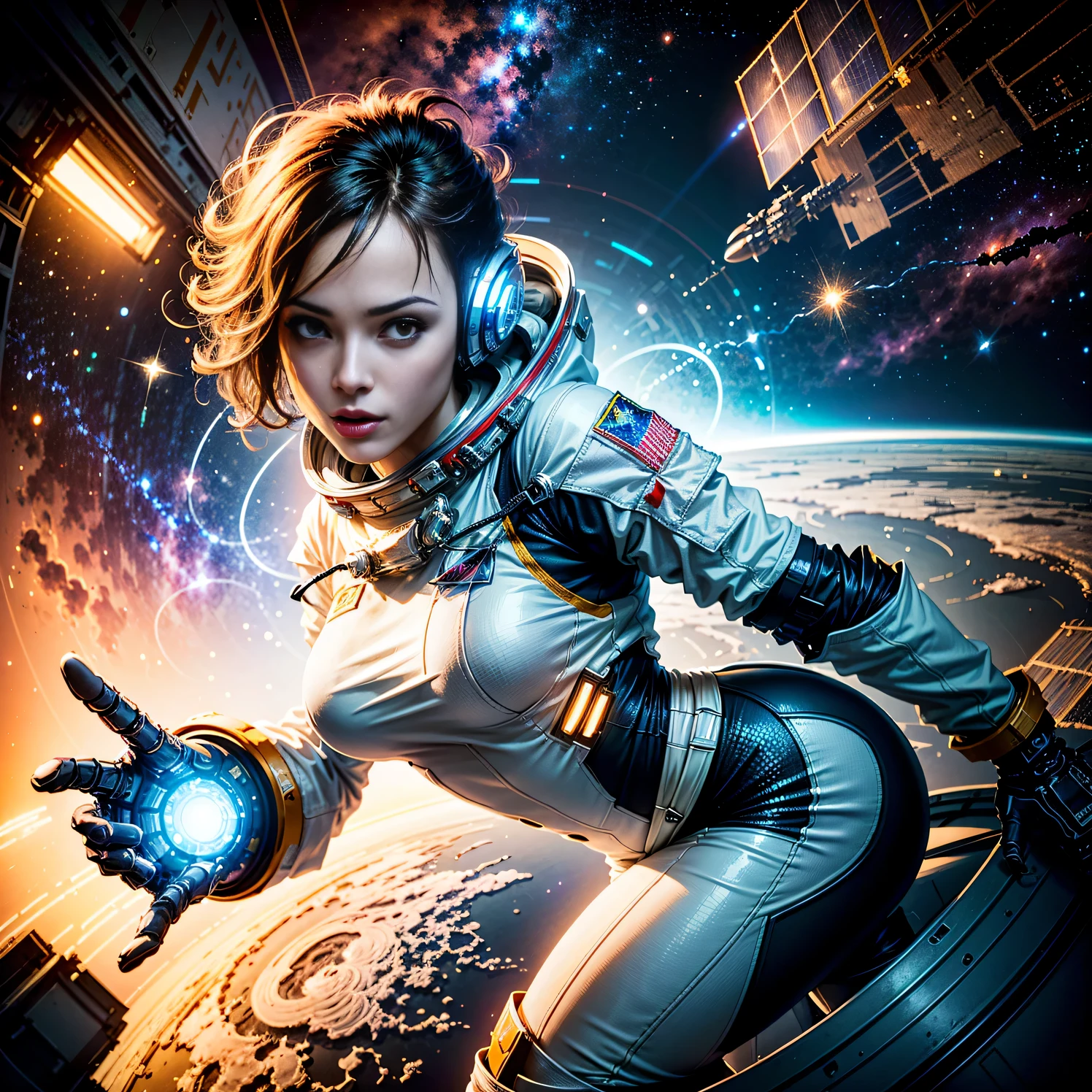 (best quality,4k,8k,highres,masterpiece:1.2),ultra-detailed,(realistic,photorealistic,photo-realistic:1.37),cosmic wanderer, 1woman, psychedelic traveler,oneironaut,astronaut,mecha pilot,sci-fi fantasy,dynamic composition,nebulae,galactic landscape,giant spaceship with intricate details,add_detail:1,(An astronaut woman floating in a space station:1.6),(dynamic pose:1.6),angl,(cosmic energy flowing through the body),vibrant colors and surreal atmosphere,dream-like surreal elements,extraterrestrial creatures exploring alongside,interstellar journey through unknown realms,majestic celestial bodies creating a sense of awe,(otherworldly landscapes and architecture),cosmic dust and particles illuminating the scene,sparkling stars and constellations forming intricate patterns,(angl),add_detail:1,(the woman is wearing a futuristic suit with glowing accents),(mechanical elements complementing the organic forms:1.37),rendered with attention to smallest details and textures,(dynamic composition with a sense of movement and energy:1.5),strong sense of depth and three-dimensionality,(moody lighting and dramatic shadows),unique perspectives and unconventional angles,revealing hidden wonders of the cosmos,(immersive and captivating sci-fi atmosphere:1.4),bringing together the wonders of science and the magic of dreams.