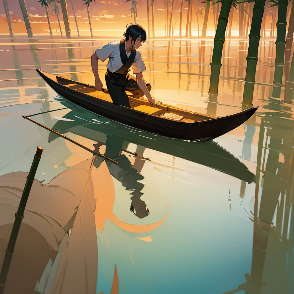 Acrylic, minimalistic, in the style of Chinese engravings, boatman on a bamboo raft, floating, bamboo paddle, sunset, academic composition, the mirrored surface of the water, digital painting,  digital illustration,  extreme detail,  digital art,  4k,  ultra hd