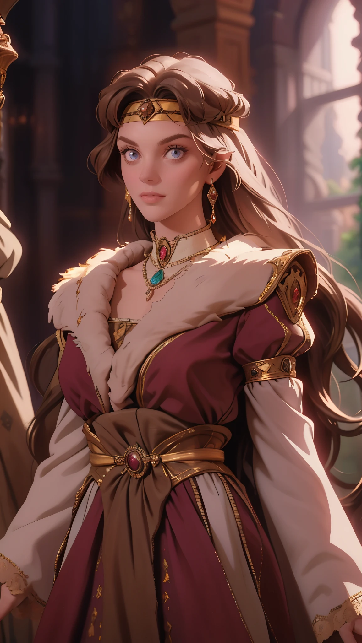 A girl with long golden hair, choppy bangs, Nordic heritage, a petite figure, delicate facial features, pale skin, porcelain skin, an innocent yet determined gaze, she wears an exquisite headband, dressed in a fantasy-style Slavic royal dress, a fur shawl draped over her shoulders, wide sleeves, a luxurious layered skirt, the background features a fantasy-style royal castle, this character embodies a finely crafted fantasy-style Slavic princess in anime style, exquisite and mature manga art style, high definition, best quality, highres, ultra-detailed, ultra-fine painting, extremely delicate, professional, anatomically correct, symmetrical face, extremely detailed eyes and face, high quality eyes, creativity, RAW photo, UHD, 32k, Natural light, cinematic lighting, masterpiece-anatomy-perfect, masterpiece:1.5