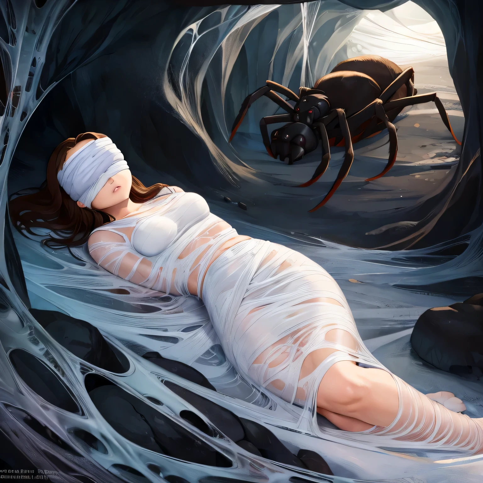 1girl,Spider weaves a net on a girl, very realistic, very detailed,bed,stretched, dark cave, struggle in the net,brown haired, very long sheer skirt,lying down,(blindfold:1.4),