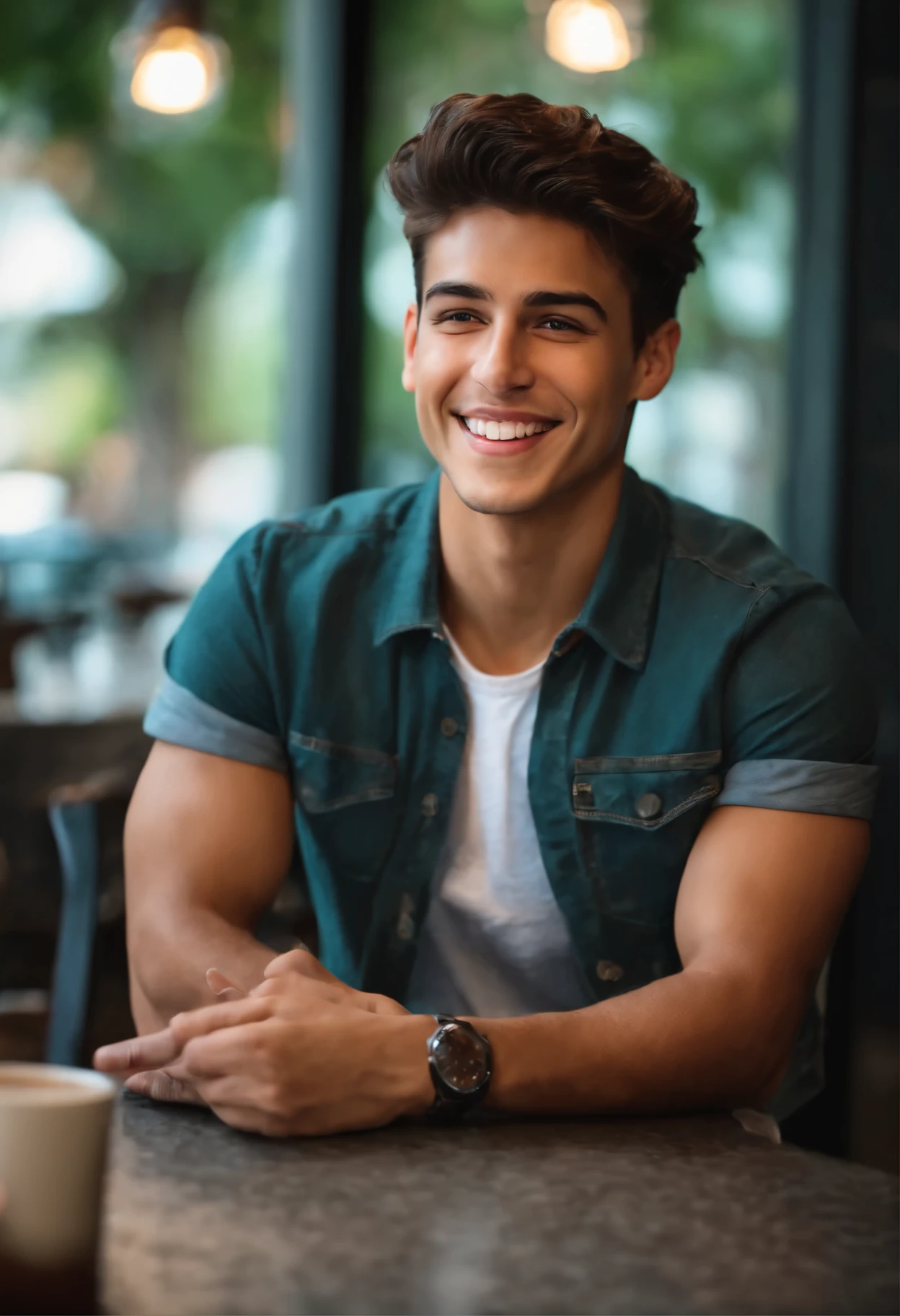 A very attractive 22 year old boy, energetico, alegre, trabajador de starbucks, con una hermosa sonrisa, cabello cafe, lindo