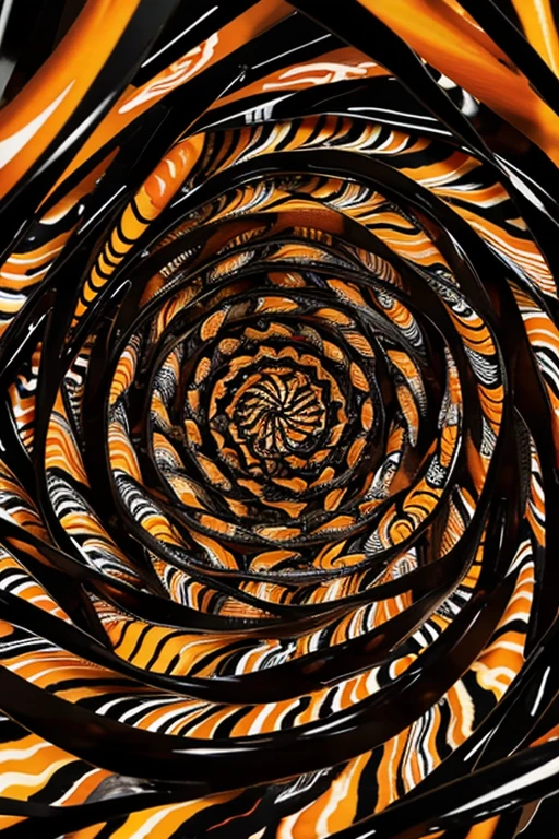 Abstract swirling pattern with multiple colors including orange creating a spiral illusion in a black and withe color scheme