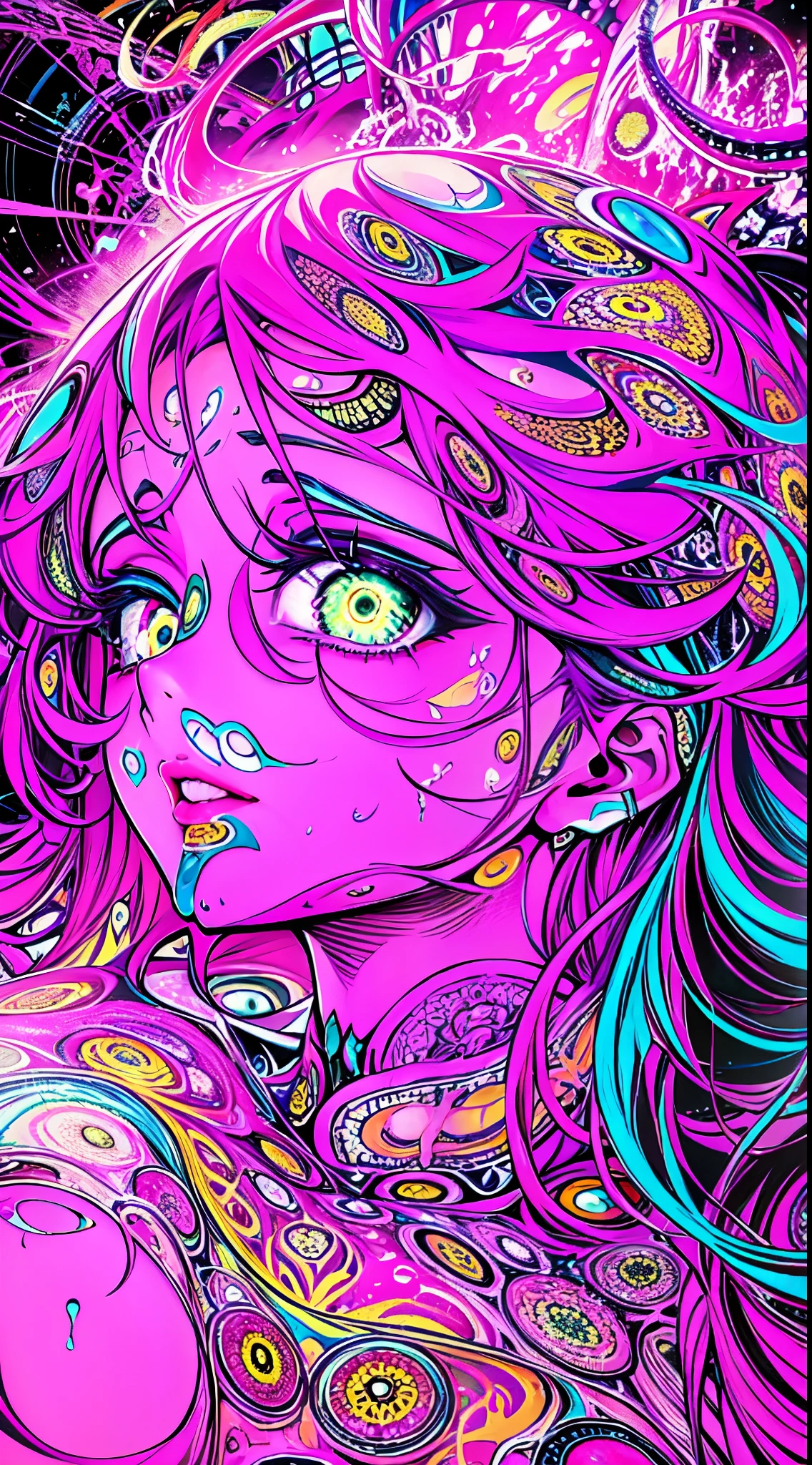 NSFW, Seductive psychedelic horror, nipples, Trippy Hentai, body horror, having sex, real breasts, surreal Sex, LSD trip, sensual, psychedelic vaginal sex, vaginal penetration, provocative, very colorful, glowing