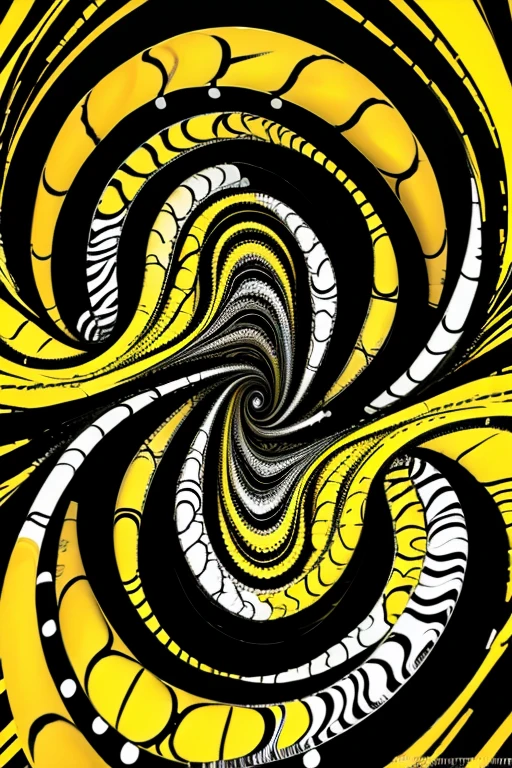 Abstract swirling pattern with multiple colors including yellow creating a spiral illusion in a black and withe color scheme