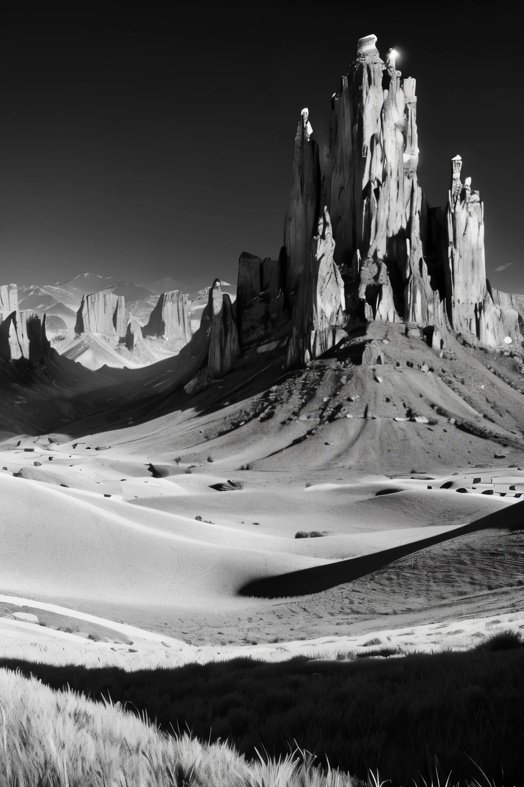 Black and white terrain, black and white wasteland with some small trees and grass, fantasy, dnd, high res, ultrasharp, 8K, masterpiece