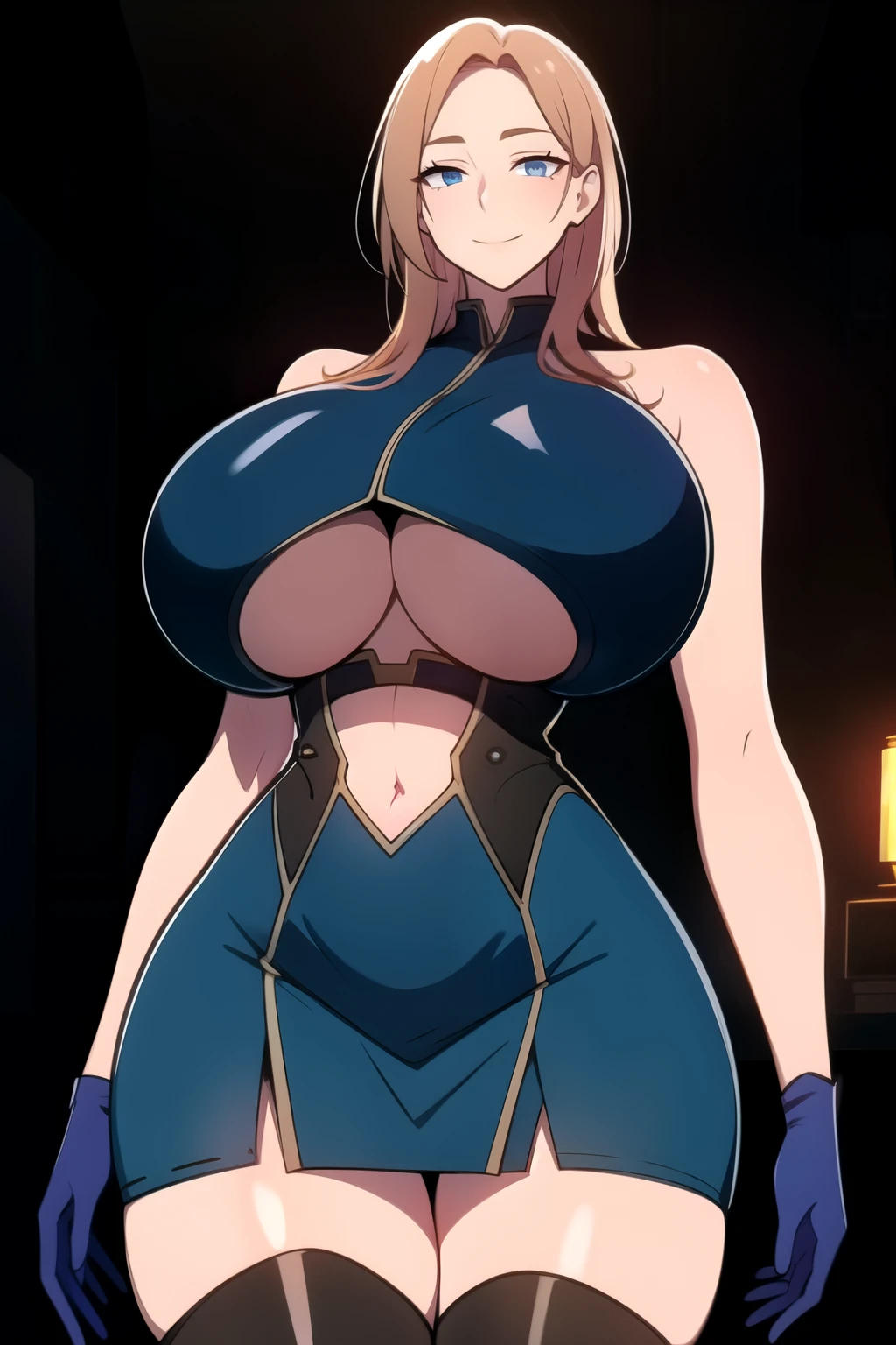 masterpiece, best quality, absurdres, 8k, perfect shadows,perfect lighting,hdr, cowboy shot,shiny skin,skindentation, beautiful body, kafka, ((strawberry blond hair: 1.4)), long hair, (blue eyes: 1.1), (crop top, underboob, elbow gloves, thigh boots, split skirt, bare shoulders, curvy, midriff, curvy, thighs, higheels, shiny clothes), complex detailed background, inside, luxury palace) (gigantic breasts,hourglass body, thin waist,very slim waist)extremely detailed face,detailed eye makeup, detail face, nice detailed eyes,nice hands, perfect hands (realistic pupils,realistic iris:1) heavy eye makeup,glowing eyes, Bright eyes,standing,standing at attention,(seductive smile), gigantic breasts, curvy, cowboy shot