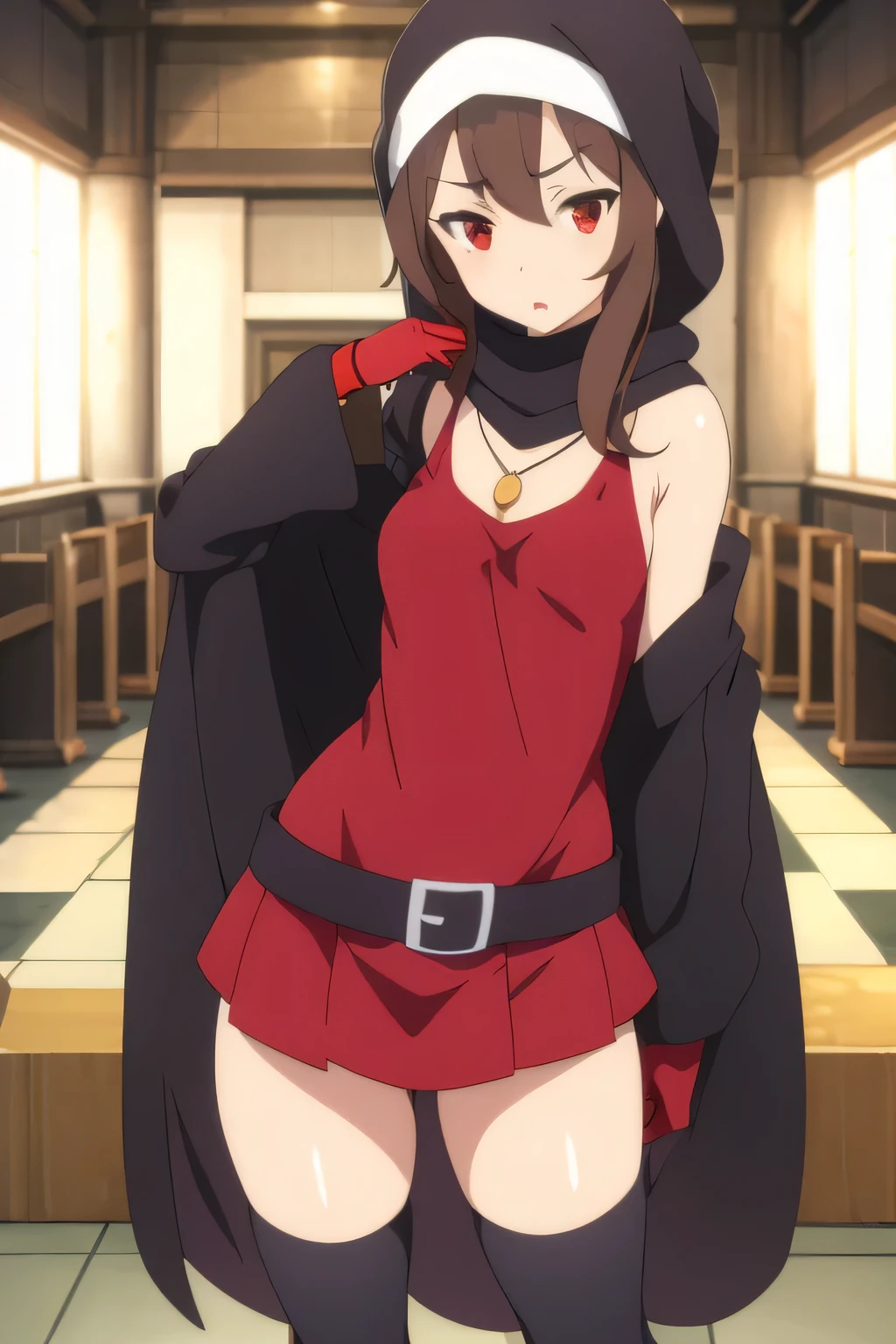 1 girl, hijab, cute, brown hair, hair between the eyes, red eyes, black gloves, flat breasts, necklace, red bra, bare shoulders, miniskirt, socks, looking at the audience, anime style, back screen of the place of worship