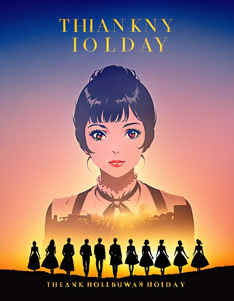 Cover &quot;thank&quot;，Movie &quot;Roman Holiday&quot;，Gregory Peck side and Audrey Hepburn silhouettes projected on the ground，double exposure