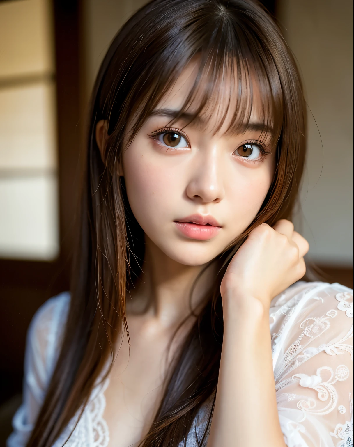 best quality, face focus, soft light, ultra high res, (photorealistic:1.4), RAW photo,
1japanese girl, solo, cute, (pupil, lights in the eyes), detailed beautiful face, (small chest),(high resolution detail of human skin texture),
(long hair),
indoor,
Damask Shirt Dress,
(portrait)