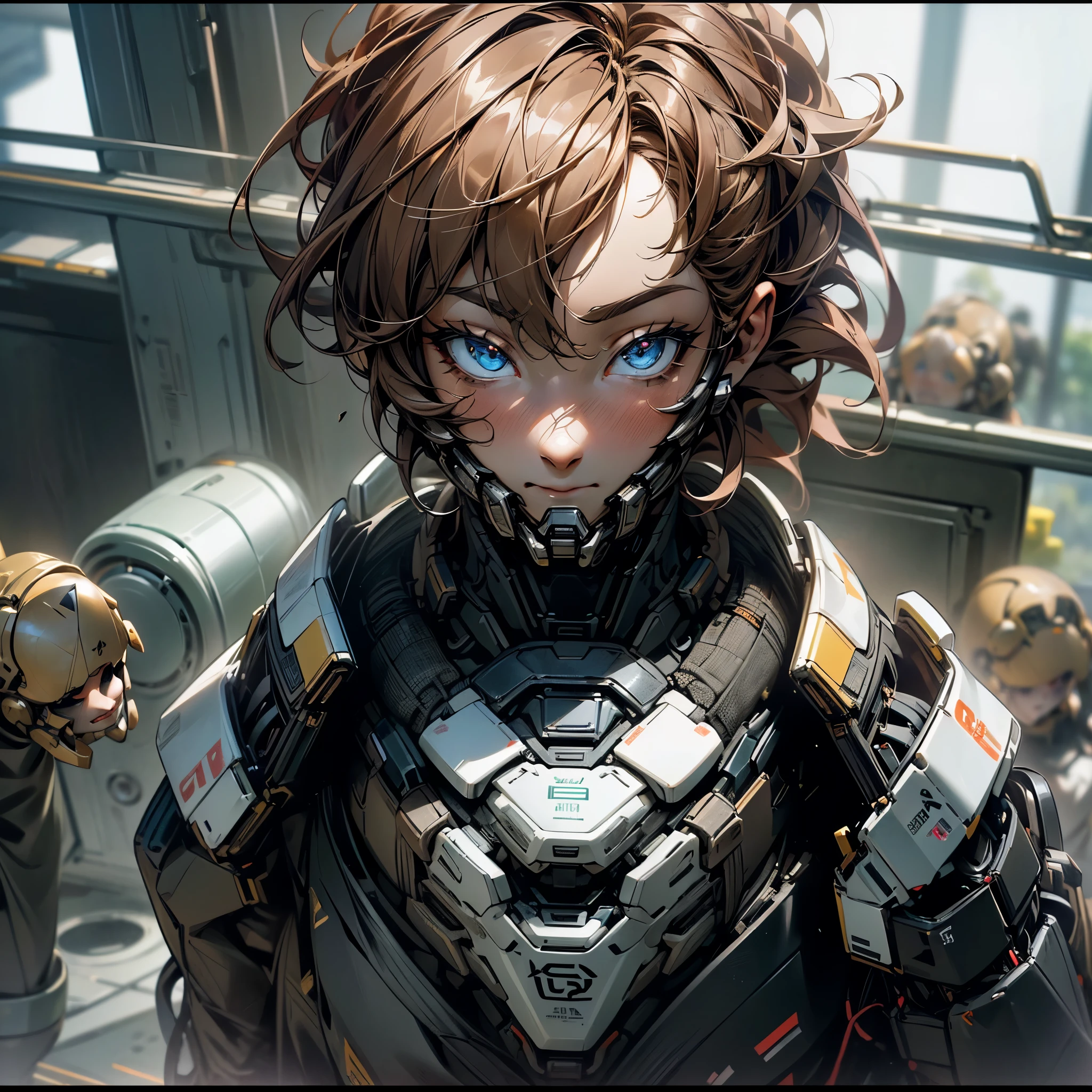 ((A fictional male character, do peito para cima)) a fictional character, which is a kind of humanoid robot, every body is a robot, It&#39;s not some kind of futuristic robot, mas sim, mechanic, de cor marrom com partes pretas e prateados, cabelo branco, olhos pretos com pupilas cinzas ((his face is like a teenager, rosto de um humano, but it has details on its face that make it possible to see that it is a robot like: Linhas pretas, peças no rosto e olhos mechanics))