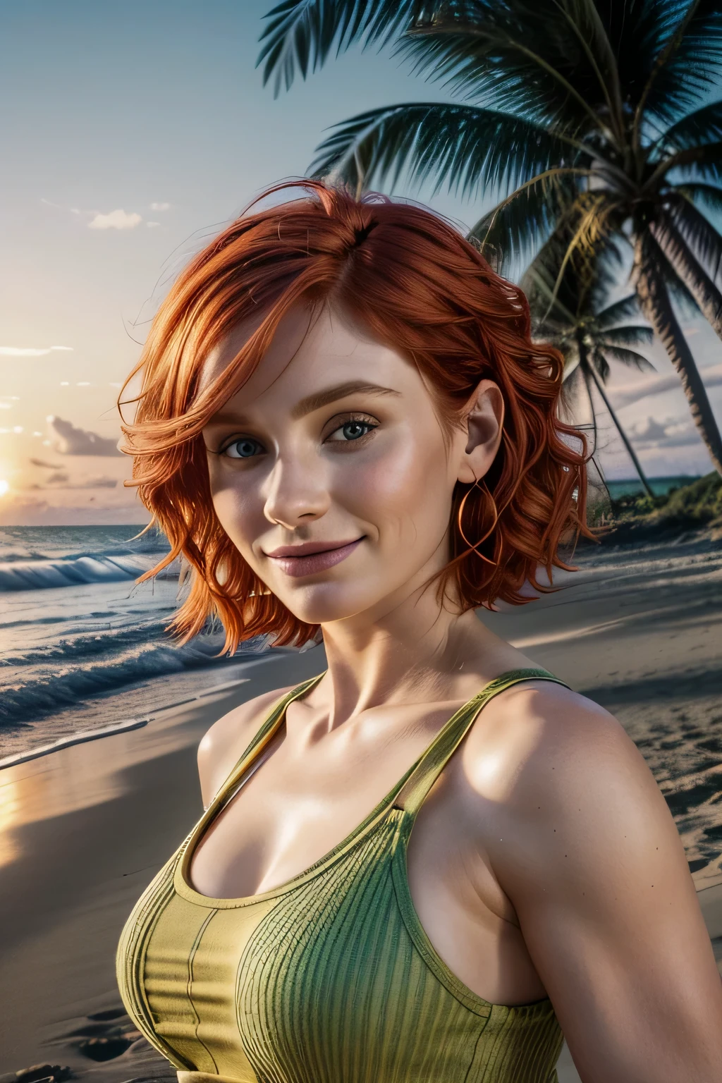 (masterpiece), best quality, (extremely detailed CG unity 64k wallpaper), ultra-high resolution, ultra-high definition, maximalist, 64k UHD, highres, intricate, intricate details, highly detailed, finely detailed, ultra-detailed, ultra-high texture quality, detailed textures, ultra-high pixel detail, (ultra-realistic:1.3), official photo, HDR, DSLR, photography, people photography, professionally color graded, Fujifilm XT3, RAW photo, uncompressed images, shallow depth of field, full color depth, sharp focus, 1990s movie still, rollei, shadows BREAK amazing, gorgeous, red, thrilling scene, lines, portrait, (bryce dallas howard), orange short chanel hair, (woman in the intricate tank top, on the sunset beach, golden white lush curls, wide smile, palm tree), expressive