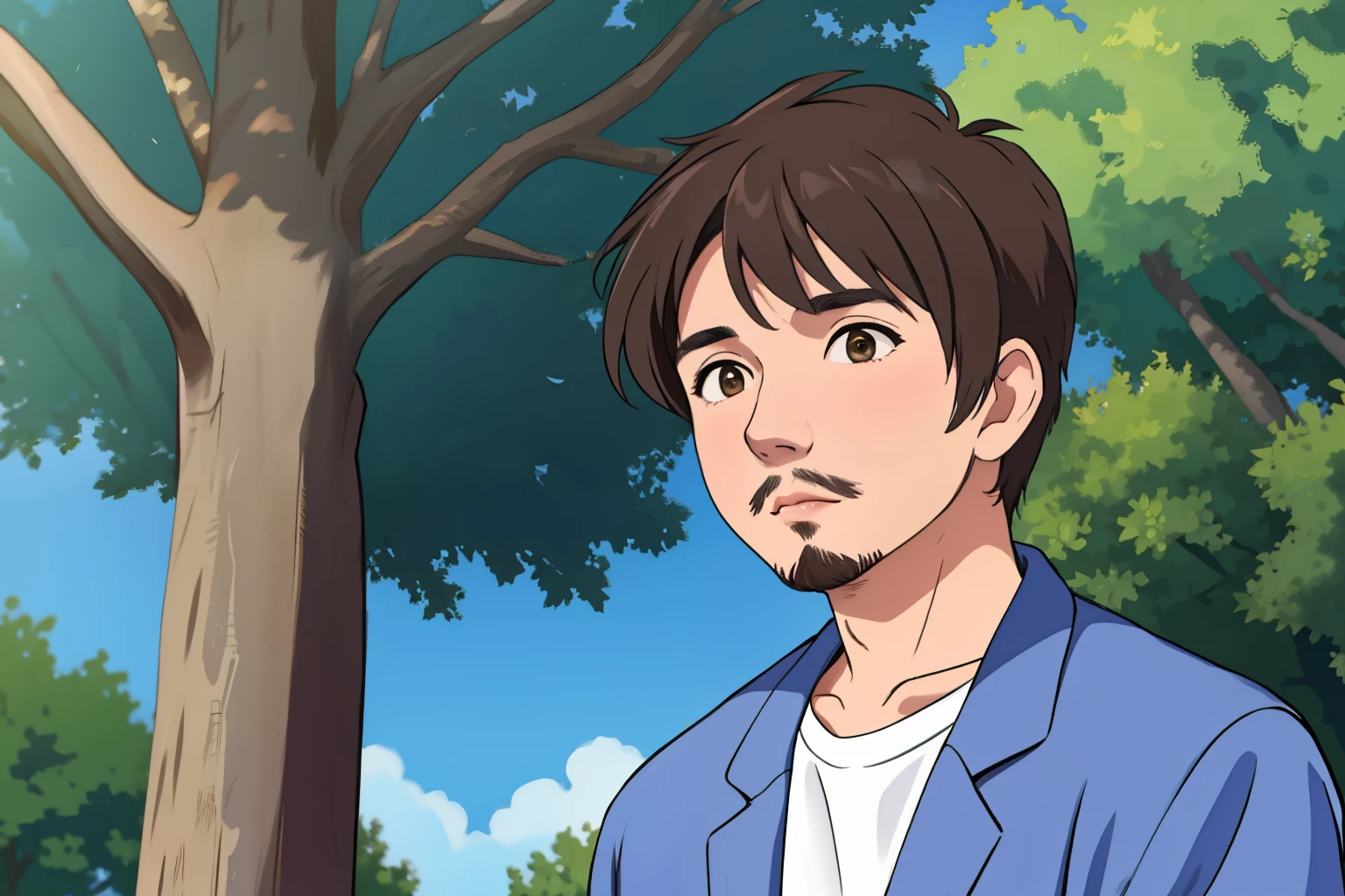 solo, looking at viewer, short hair, bangs, brown hair, shirt, 1boy, closed mouth, jacket, white shirt, upper body, male focus, outdoors, sky, day, mole, blurry, tree, blue sky, lips, blurry background, facial hair, realistic, stubble