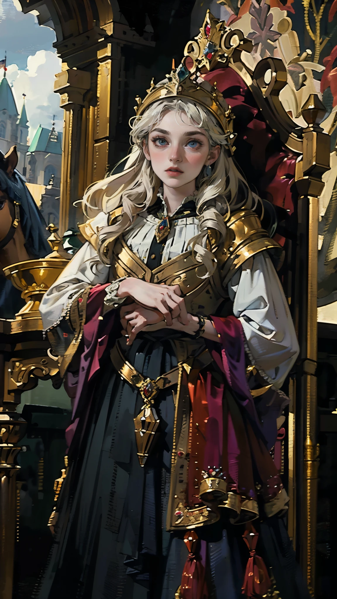 A girl with long golden hair, choppy bangs, Nordic heritage, a petite figure, delicate facial features, pale skin, porcelain skin, an innocent yet determined gaze, she wears an exquisite headband, dressed in a fantasy-style Slavic royal dress, a fur shawl draped over her shoulders, wide sleeves, a luxurious layered skirt, the background features a fantasy-style royal castle, this character embodies a finely crafted fantasy-style Slavic princess in anime style, exquisite and mature manga art style, high definition, best quality, highres, ultra-detailed, ultra-fine painting, extremely delicate, professional, anatomically correct, symmetrical face, extremely detailed eyes and face, high quality eyes, creativity, RAW photo, UHD, 32k, Natural light, cinematic lighting, masterpiece-anatomy-perfect, masterpiece:1.5