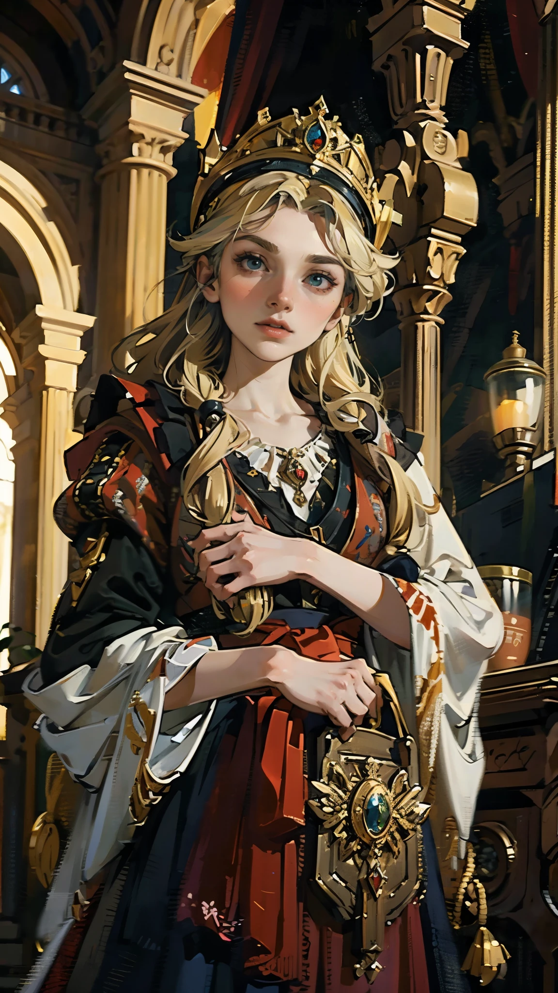 A girl with long golden hair, choppy bangs, Nordic heritage, a petite figure, delicate facial features, pale skin, porcelain skin, an innocent yet determined gaze, she wears an exquisite headband, dressed in a fantasy-style Slavic royal dress, a fur shawl draped over her shoulders, wide sleeves, a luxurious layered skirt, the background features a fantasy-style royal castle, this character embodies a finely crafted fantasy-style Slavic princess in anime style, exquisite and mature manga art style, high definition, best quality, highres, ultra-detailed, ultra-fine painting, extremely delicate, professional, anatomically correct, symmetrical face, extremely detailed eyes and face, high quality eyes, creativity, RAW photo, UHD, 32k, Natural light, cinematic lighting, masterpiece-anatomy-perfect, masterpiece:1.5