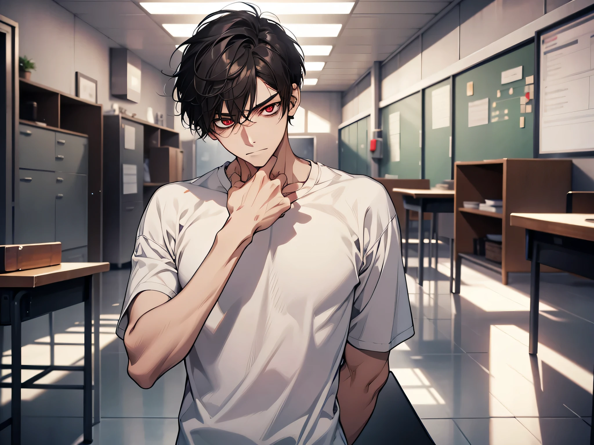 1 man, wearing white tshirt, black hair, red eyes, short hair, sad facial expression, skinny body, face to detail, detailed eyes, the background is classroom, perfect hands, full body photo
