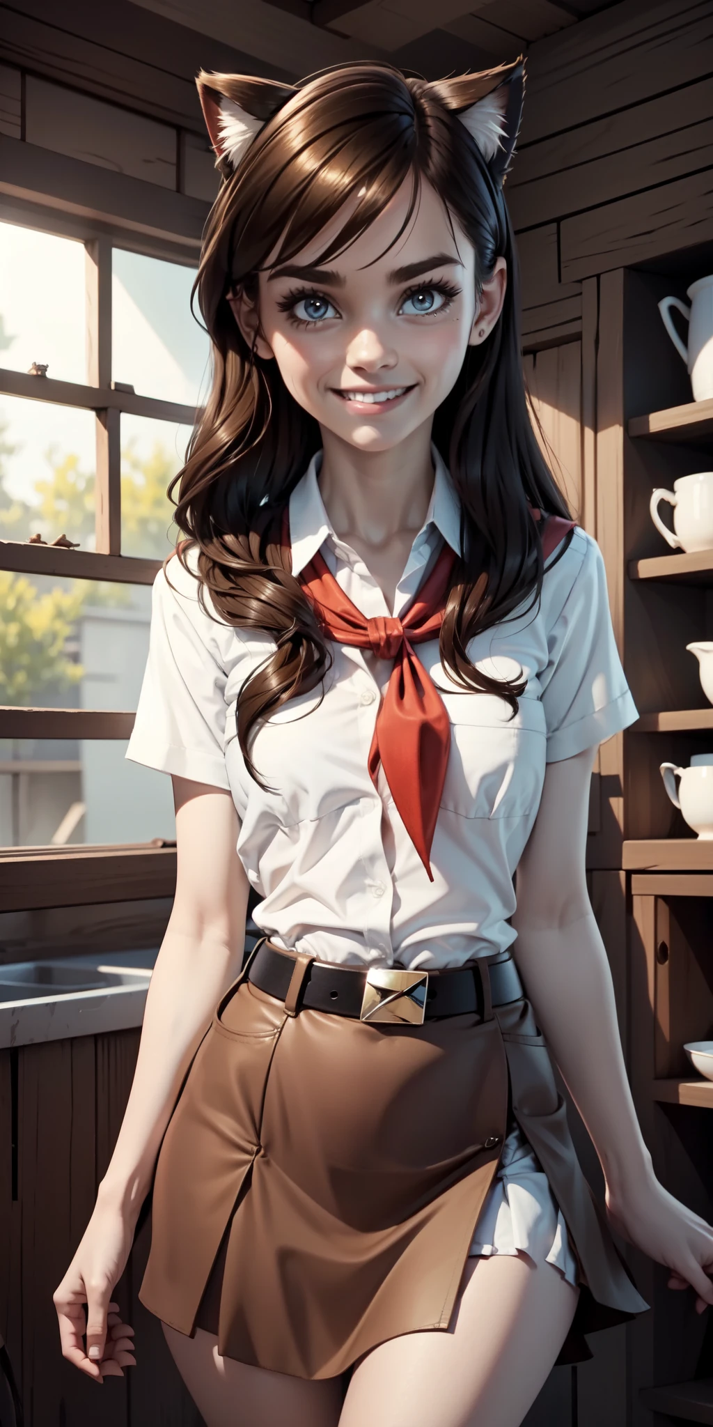 very young slim fit girl, at full height, rounded face, very long disheveled dark brown hair, big brown eyes, shy smile, perfect flat breast, band on head with fake cat ears, parororo, pioneer neckerchief, blue thight microskirt, bangs, shirt, collarbone, white shirt, short sleeves, collared shirt, belt, neckerchief, eyelashes, red neckerchief, breast pocket