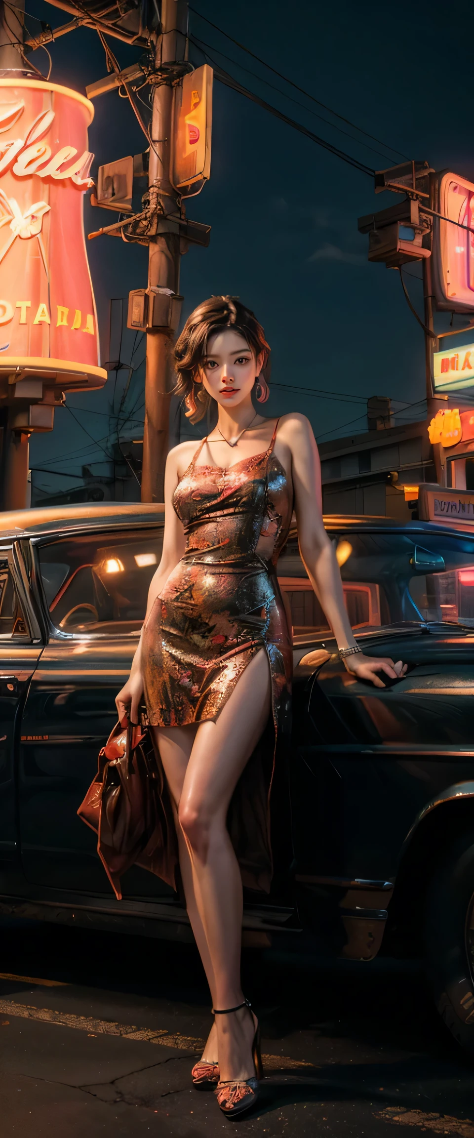 ((masterpiece, highest quality, Highest image quality, High resolution, photorealistic, Raw photo, 8K)), arafed view of a motel with a car parked in front of it, with neon signs, A woman waiting for a guest in front of a motel, seduction, short dress and high heels, route 6 6, neon signs, 1 9 5 0 s americana tourism, some have neon signs, neon lights outside, neon advertisements, gigantic neon signs, neon shops, by Arnie Swekel, few neon signs, neon signs in background,