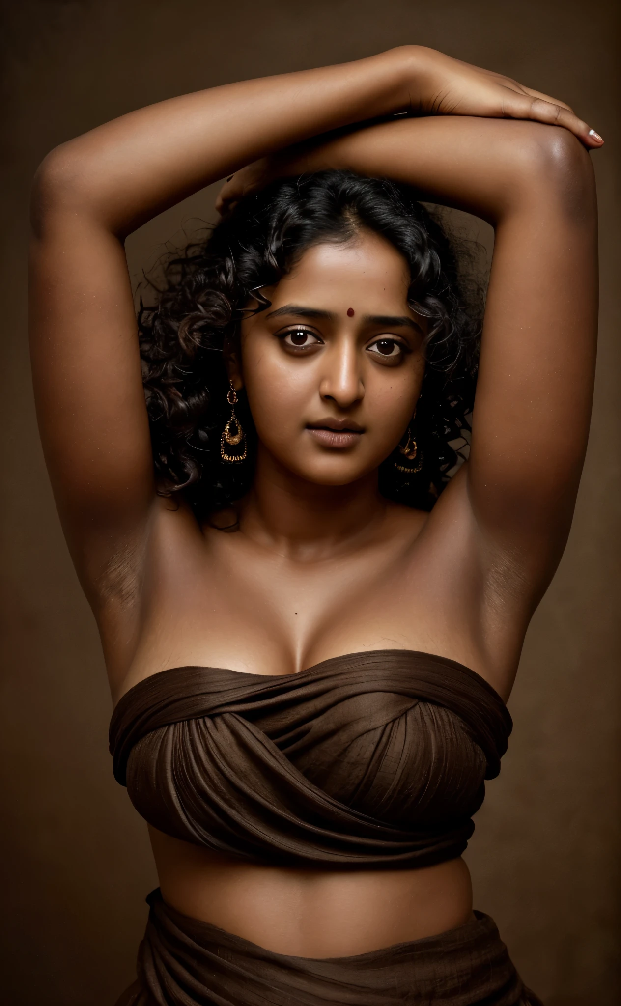 Looks like Anushka Shetty, a photo portrait of a beautiful girl with curls, styled black hair, (face portrait:1.5), dramatic light, Rembrandt lighting scheme, bust shot, linen cloth, top quality editorial photograph, skin texture, skin pores, chocolate skin, high quality skin, top quality photography, professional photography, professional retouching, insane detailing, warm moody tones, 