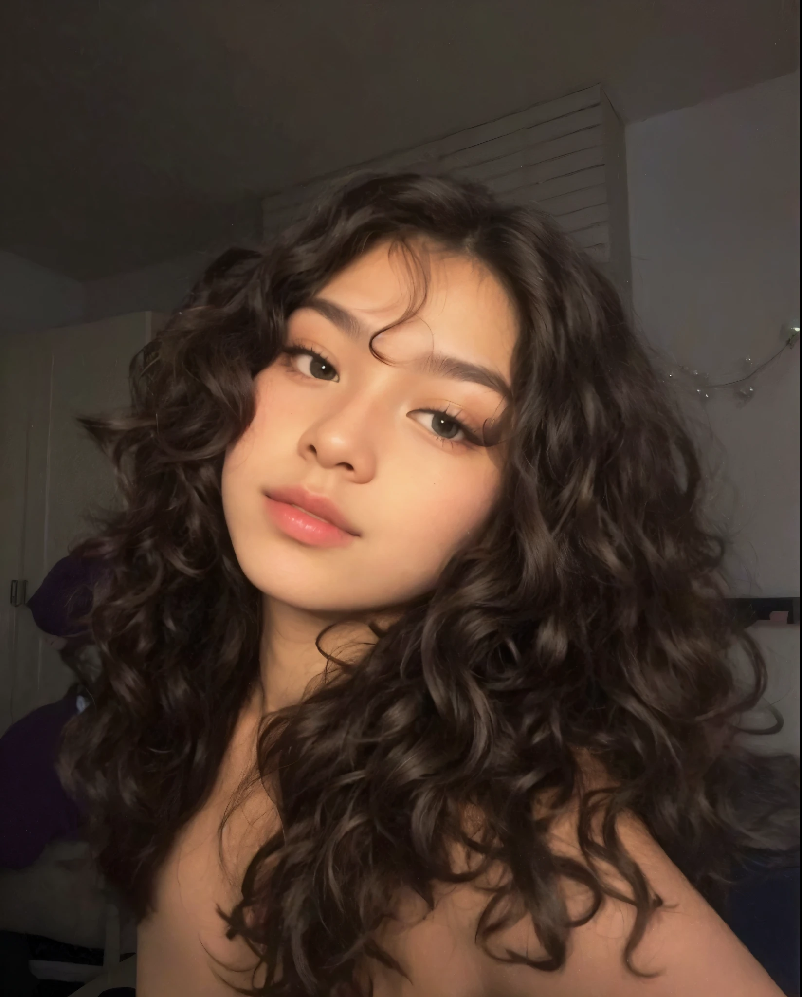 there is a woman with long curly hair posing for a picture, curly middle part haircut, tessa thompson inspired, black curly hair, gorgeous latina face, curly haired, light skin, curly bangs, thick lips, doja cat, curly, curly hair, curly black hair, curly dark hair, olive skinned, no makeup wavy hair, tessa thompson, vanessa morgan
