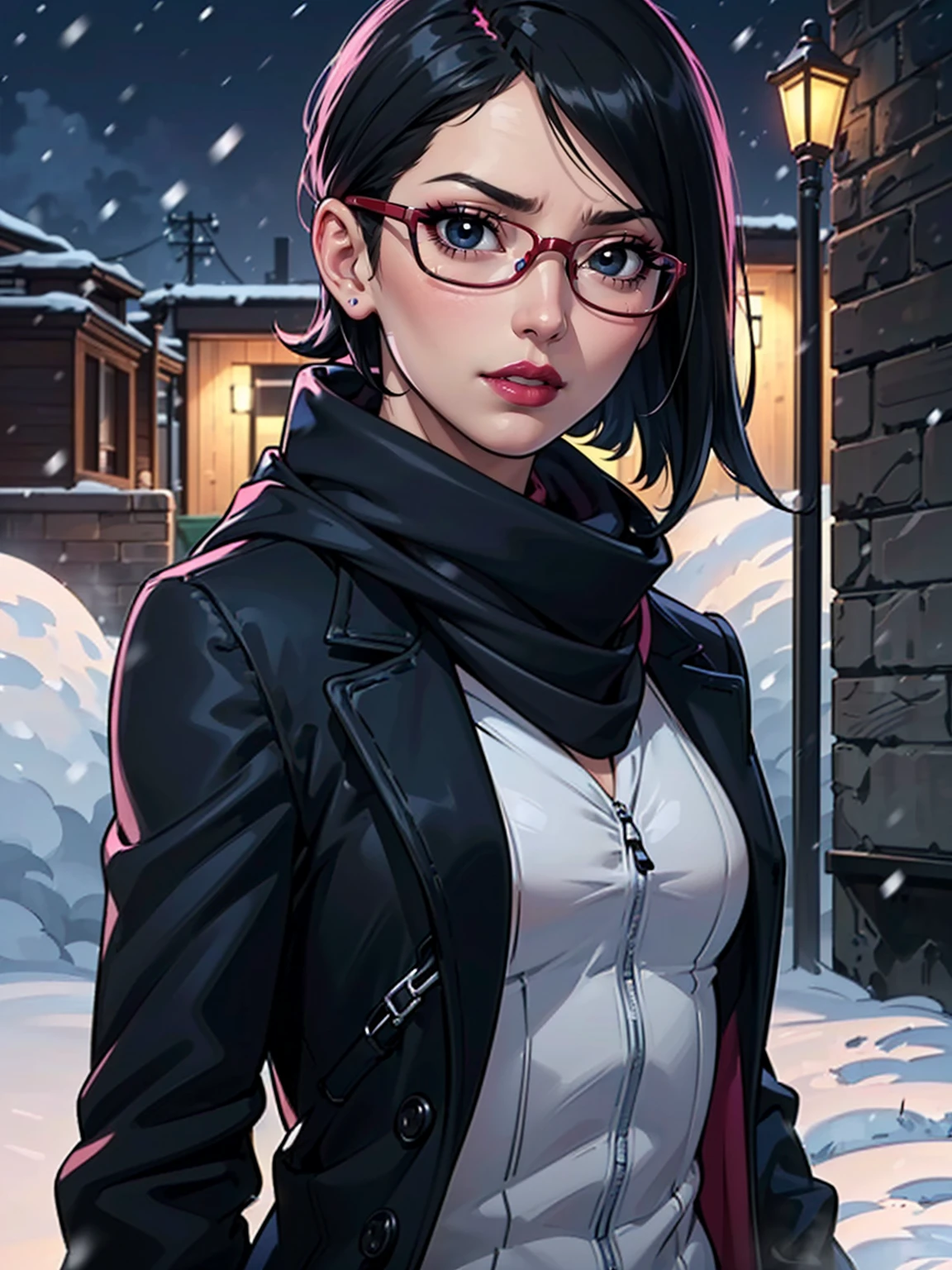 (1girl, solo, alone), (WakatsukiRisa, Sarada Uchiha, black hair, short hair, black eyes, red glasses), ((solo, (1woman, (small bust), pink lipstick, black eyes), Extremely detailed, ambient soft lighting, 4k, perfect eyes, a perfect face, perfect lighting, a 1girl)), ((fitness, muscular, shapely body, athletic body, toned body)), ((seductive look, seducing, sensualizing, excited)), (((emphasis lines:1.3), blue scarf, (long black coat, (closed coat), black coat), black gloves, (outdoors), handheld transceiver, (city), night, cold clothes, ((winter clothes, blue scarf)), snowing))