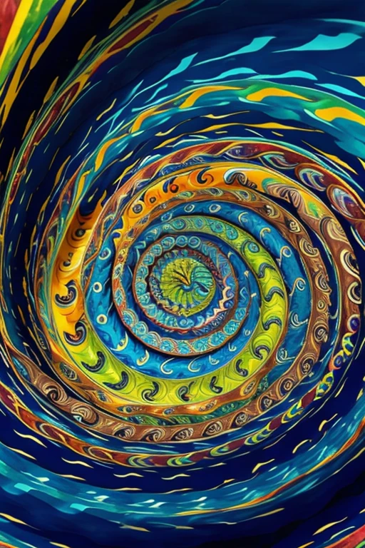 Abstract swirling pattern with multiple colors including blue creating a spiral illusion in a vibrant rainbow color scheme