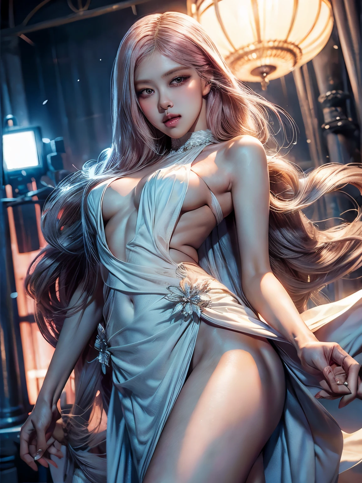 day, Princess of lightness,pink hair,busty,Glamour,Gorgeous,Jewelry,monochromes,goddess,light Fantasy,light Venus,erotic posing,Dynamic Posing,Dramatic,Cinematic,Detailed background,light fantastic view,Best Quality,masutepiece,8K,The ultimate detailed light background, best image quality、RAW photography、超A high resolution、show legs,cropped shoulders,close-up all over the body,Be red in the face,overall look is very erotic。(Hand optimization),(Details are strengthened),(High Picture Quality) An 18-year-old female、Shot for one person only、model shoot、medium breasts、Wearing a white dress、Beautiful Eyes of Details、Very slender eyes、show legs and hip, Beautiful eyelashes、beautiful double eyelid、Very slim physique, Shy, with blush cheeks, 🤍