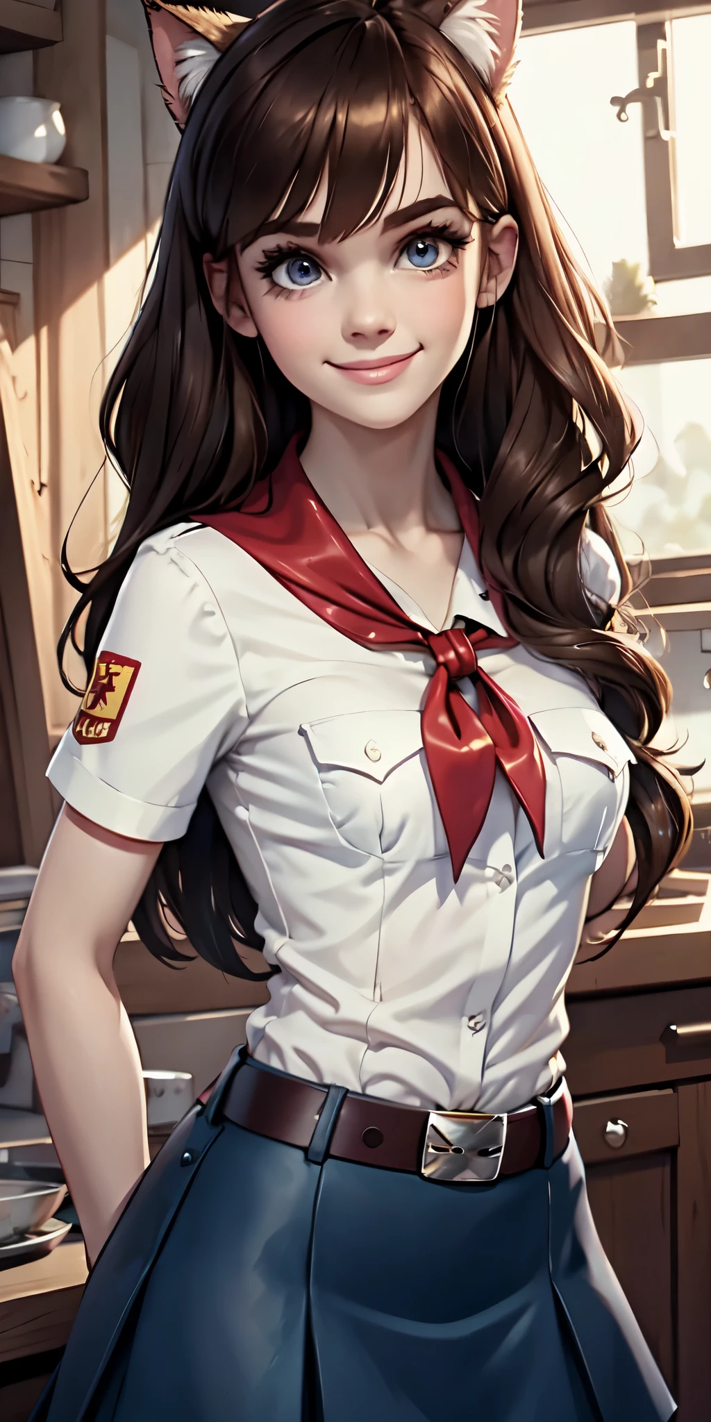 very young slim fit girl, at full height, rounded face, very long disheveled dark brown hair, big brown eyes, shy smile, perfect flat breast, band on head with fake cat ears, parororo, pioneer neckerchief, blue thight microskirt, bangs, shirt, collarbone, white shirt, short sleeves, collared shirt, belt, neckerchief, eyelashes, red neckerchief, breast pocket