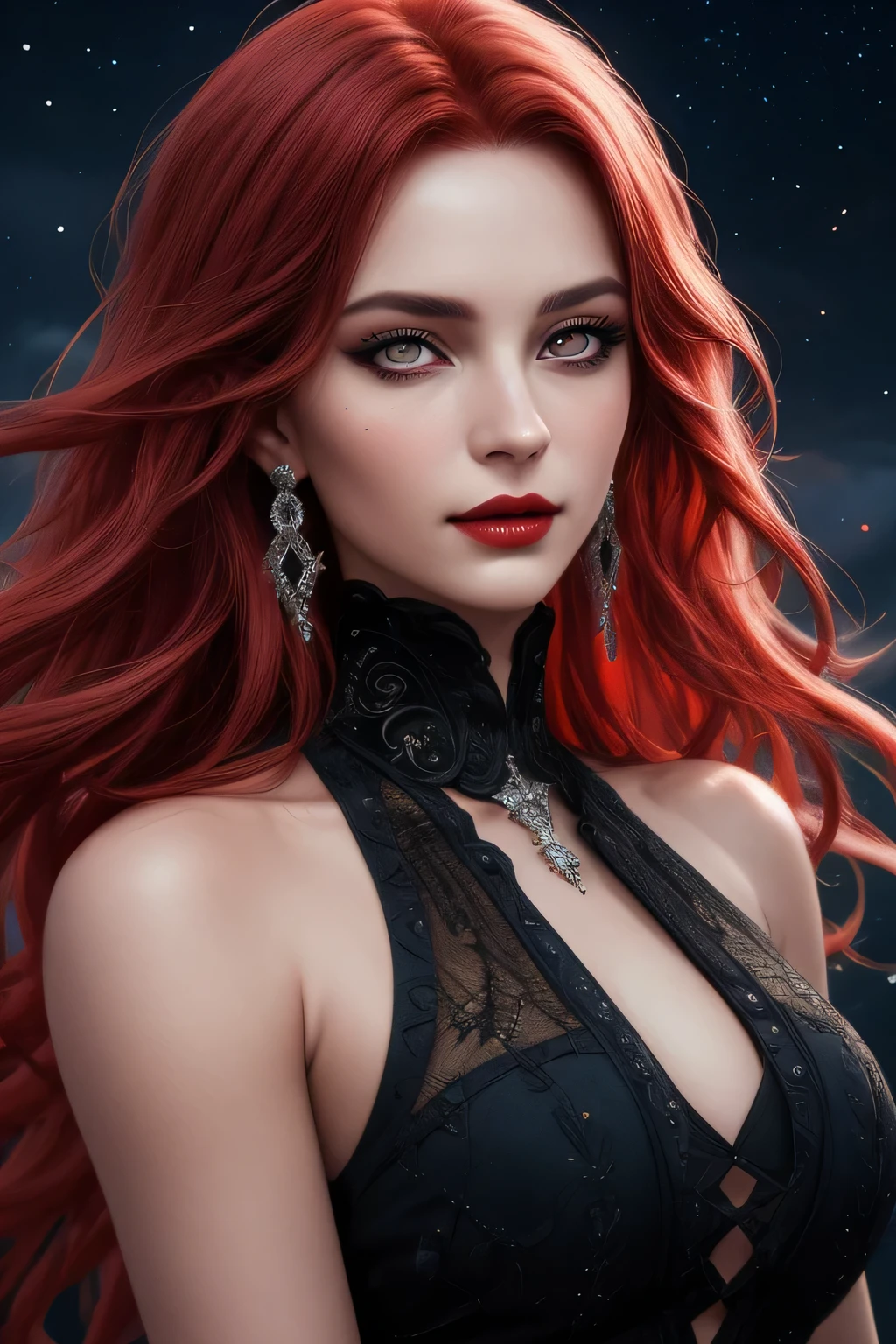 portrait shot, ((vivid red hair)), mature woman, 30 years old, diamond face, medium breast, moonlight, red starry sky background, depth of field, magic, big red lips, ((dark black eyes)) (Detailed beautiful eyes) red long and full dress, covered chest, mystical atmosphere, ominous shadows, Intense blue aura, Intense red aura (best quality:1.2), absurdres, intricate details, (highly detailed skin:1.2), smile expression, posing, taut and well defined body, attractive. Highly realistic, pale skin, beautiful, hyperrealism, skin very elaborated, direct gaze AB JLEE3, Complex facial details for all characters, Expressive eyes and nose and mouth, unzoom, author：Jim Lee Right Section Centered, Key, Visual, Complex, Highly Detailed, Breathtaking, Precise Line Art, Vibrant Panorama Film
