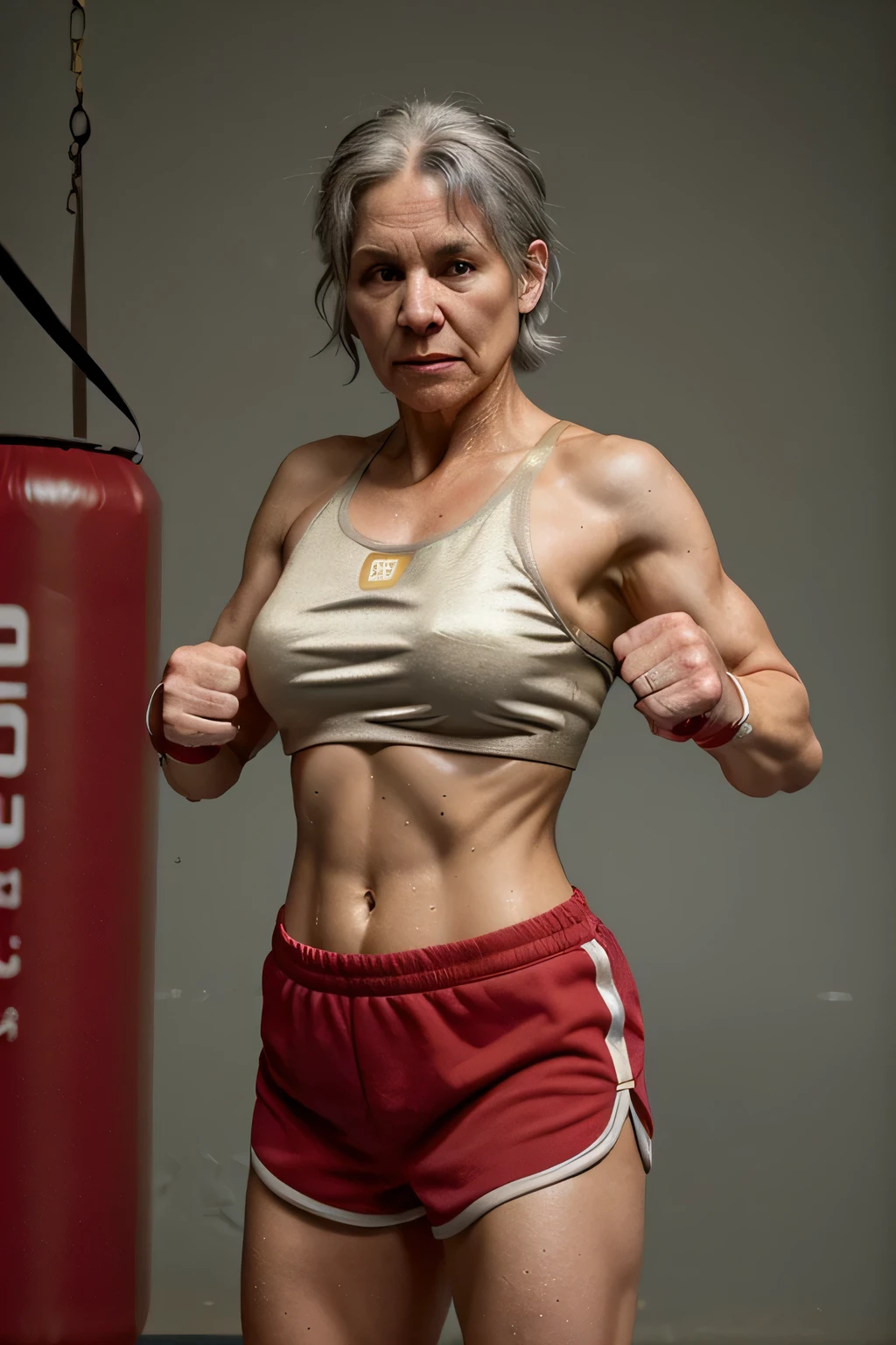 Masterpiece, 50 year old woman, wearing gold sports bra, red short shorts, gray hair, sweaty, strong, boxing, realistic