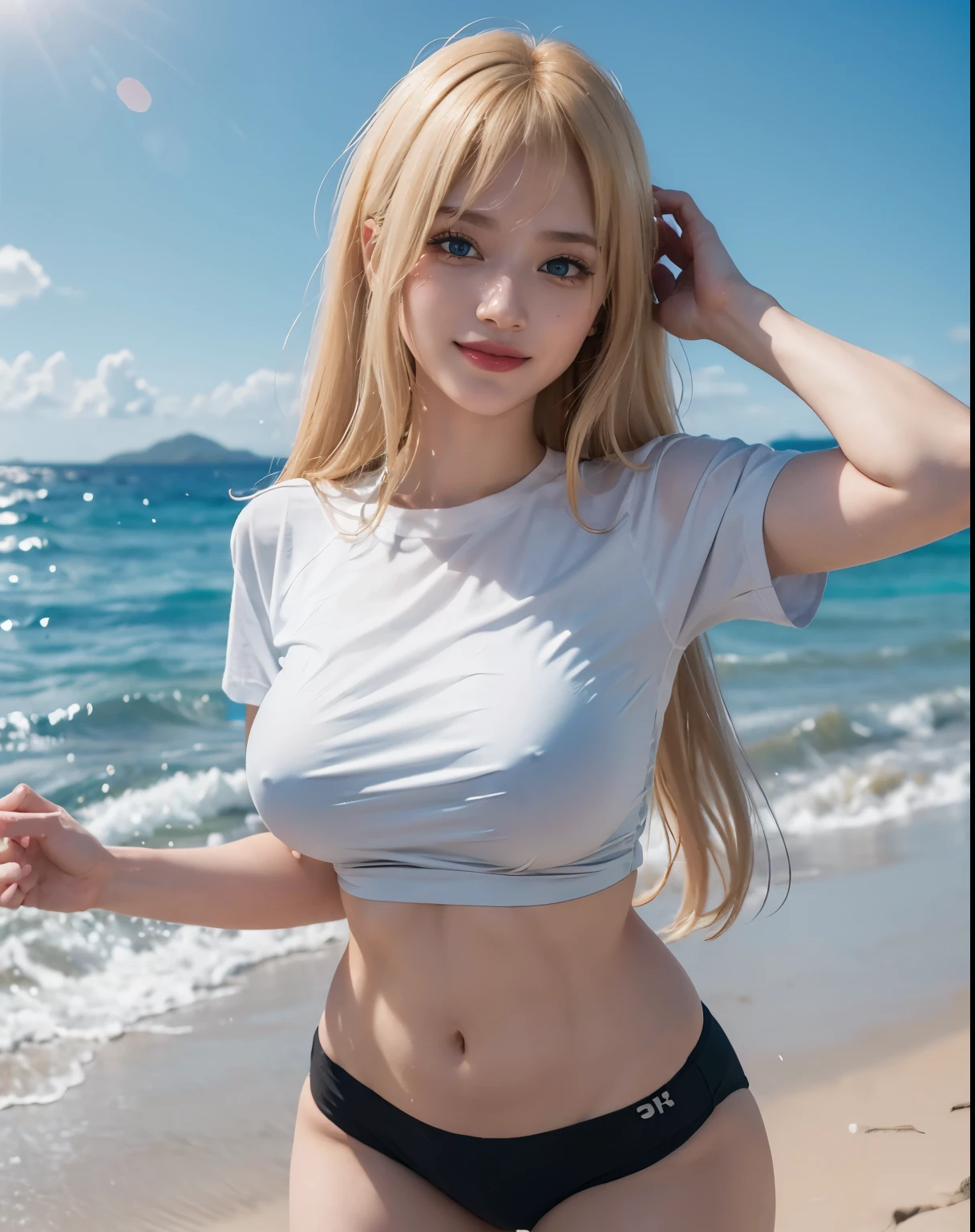 1girl, (Blue Eyes), (smiling :1.2), (Sana Minatozaki), (beautiful makeup :1.2), wide hips, Big tits, big ass, (Best Quality, 8k, Masterpiece: 1.3), Clear Focus: 1.2, Perfect Body Beauty: 1.4, strong abs, Highly detailed face and skin texture, detailed eyes, double eyelids, red lips, (blond long hair whit bangs :1.2), (tight t-shirt :1.1), (black thong), standing, dynamic pose, in a beach sea in the background, blurred background
