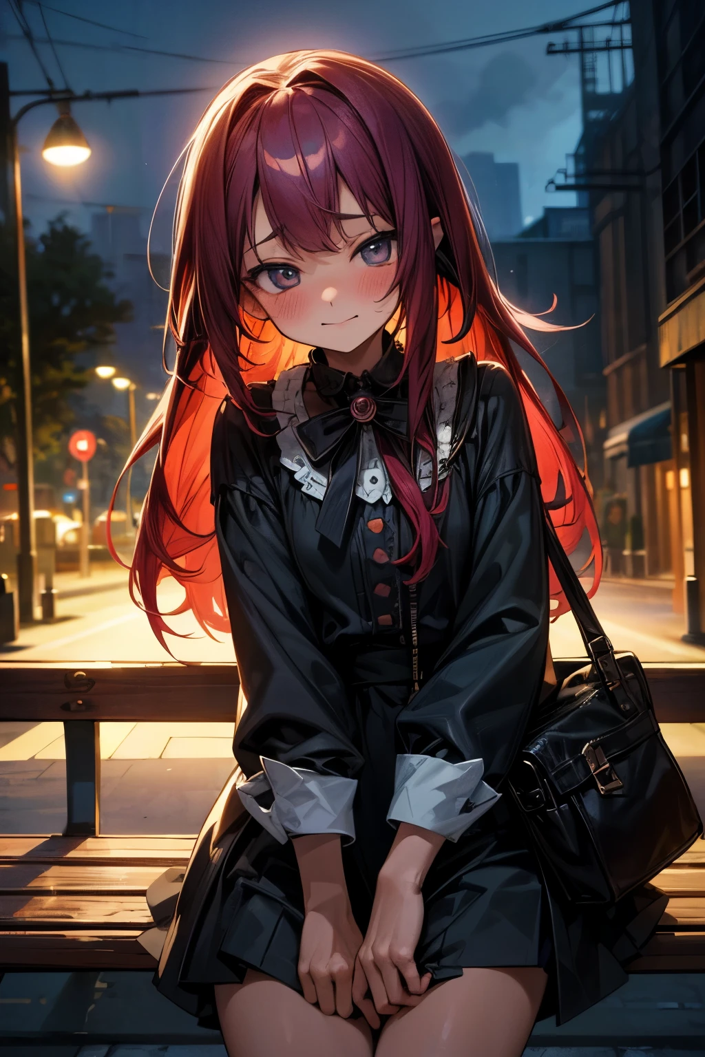 ((Masterpiece)), (Anime:1.3), ((best quality)), (RAW photo:1.2), (High Definition:1.3), (Professional Photography:1.2), (), (1girl), intricate details, perfect anatomy, perfect face, beautiful hair, beautiful eyes, blush, sweet beautiful, solo, perfect face, cute, (succubus), slightly naughty expressions practice, naughty, embarrassed, forced smile, multicolored hair, colored inner hair, young, tanned, tan, poverty outfit, slender, BREAK, ((best quality)), fantasy world, night, bench, street, colorful,