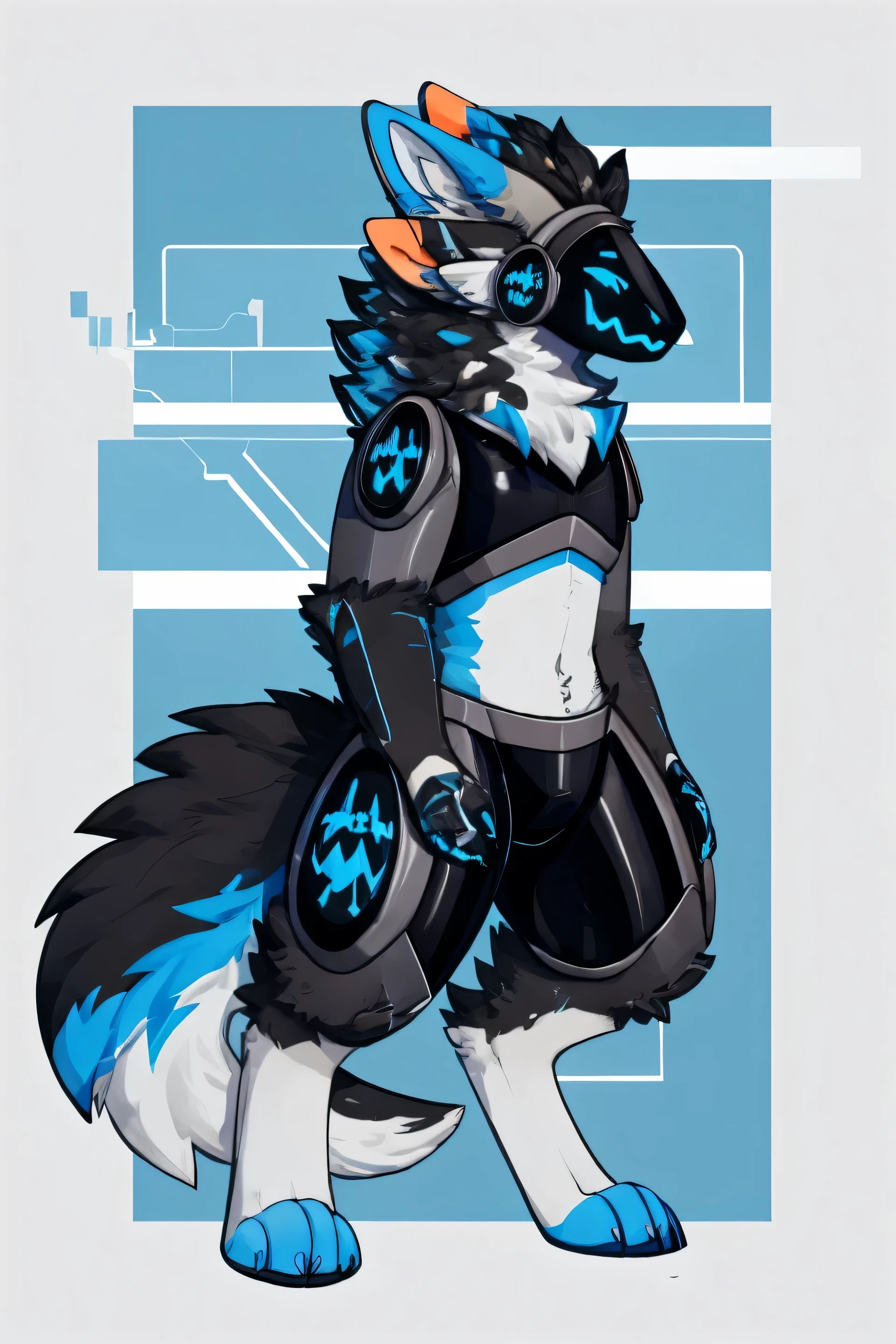 Protogen (with blue lines on his face and technological armor), cauda fofa, masculino, orelhas peludinhas
