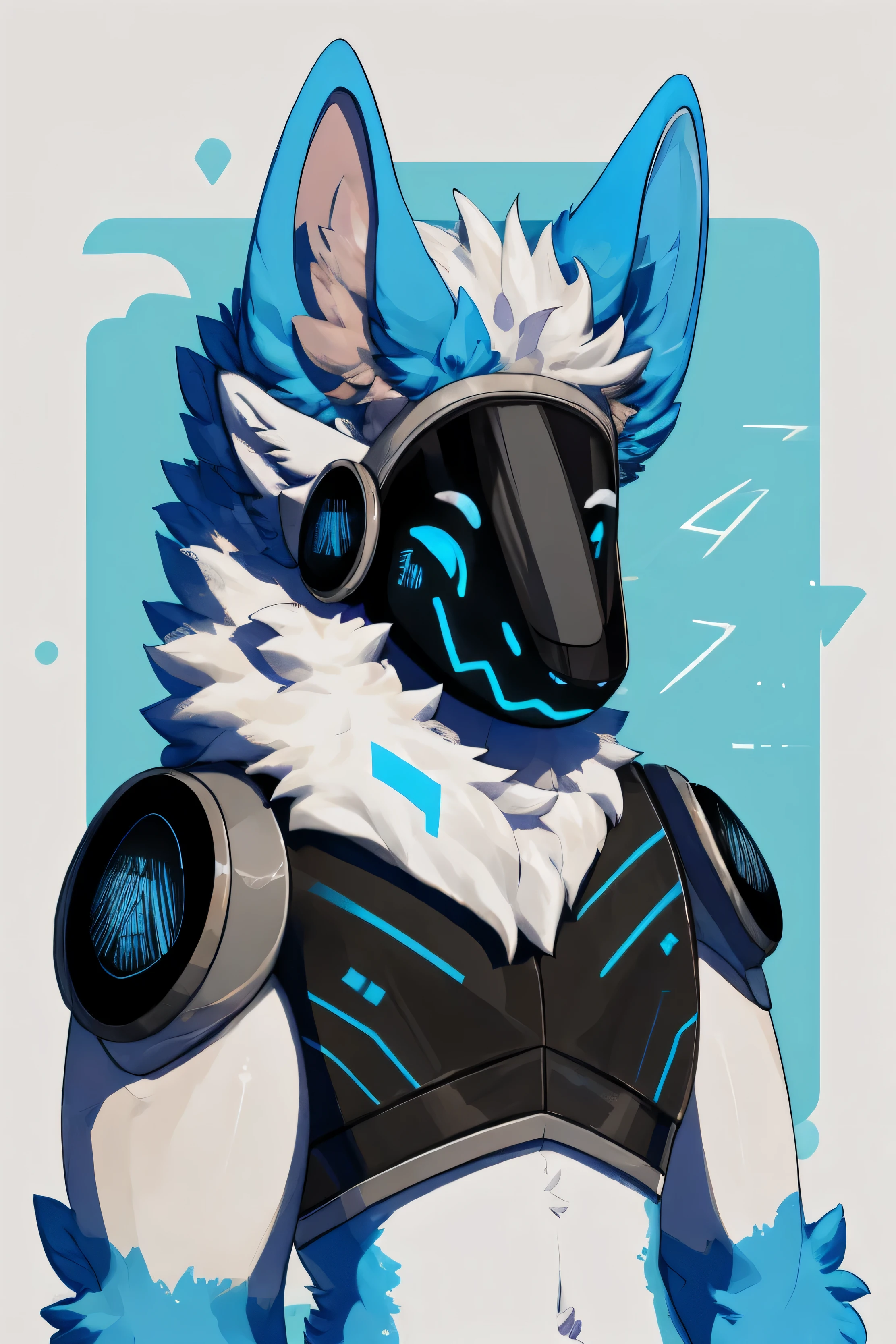 Protogen (with blue lines on his face and technological armor), cauda fofa, masculino, orelhas peludinhas