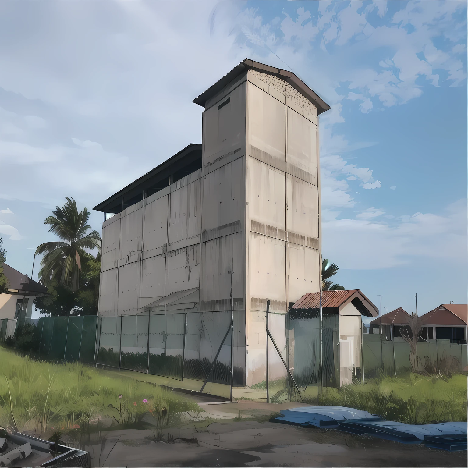 there is a tall building with a fence in front of it, prison complex, detention centre, side view from afar, concrete building, seen from outside, front side, military buildings, photo taken from the ground, picture taken from the ground, centre image, guantanamo bay prison, exterior wide shot, the photo shows a large, seen from the side