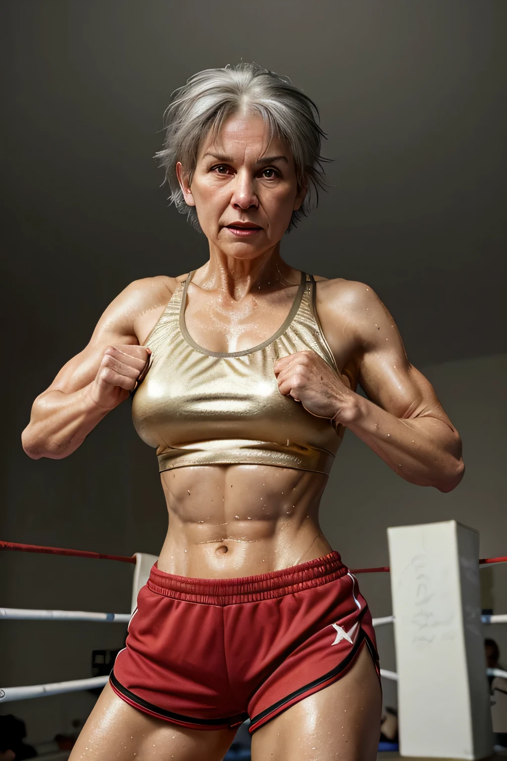 Masterpiece, 50 year old woman, wearing gold sports bra, red short shorts, gray hair, sweaty, strong, boxing, realistic 