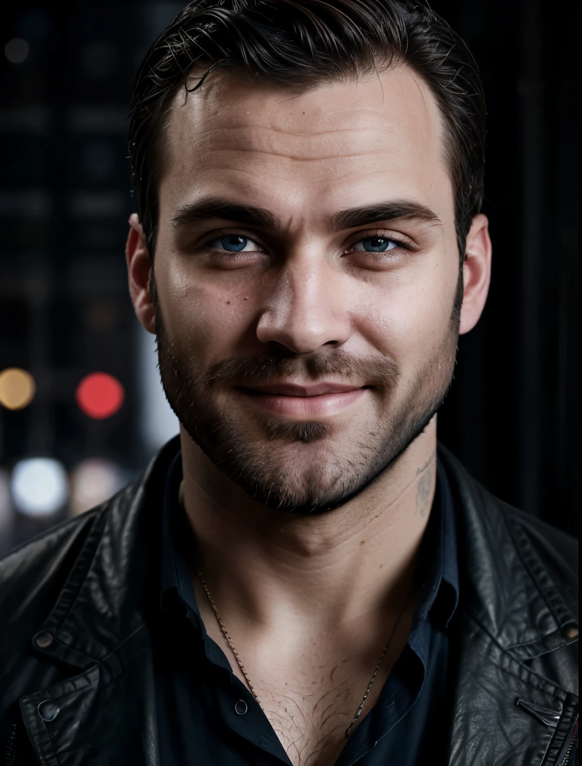 (masterpiece, stylized, GTA 5 aesthetics, high contrast), 30-year-old man with beard and brown hair, blue eyes shining with a smile, full silhouette, dynamic shadows playing on textured skin, vivid colors, rough realism, saturated colors, cinematic lighting , graphics-intensive rendering. against the background of a big city with cars.