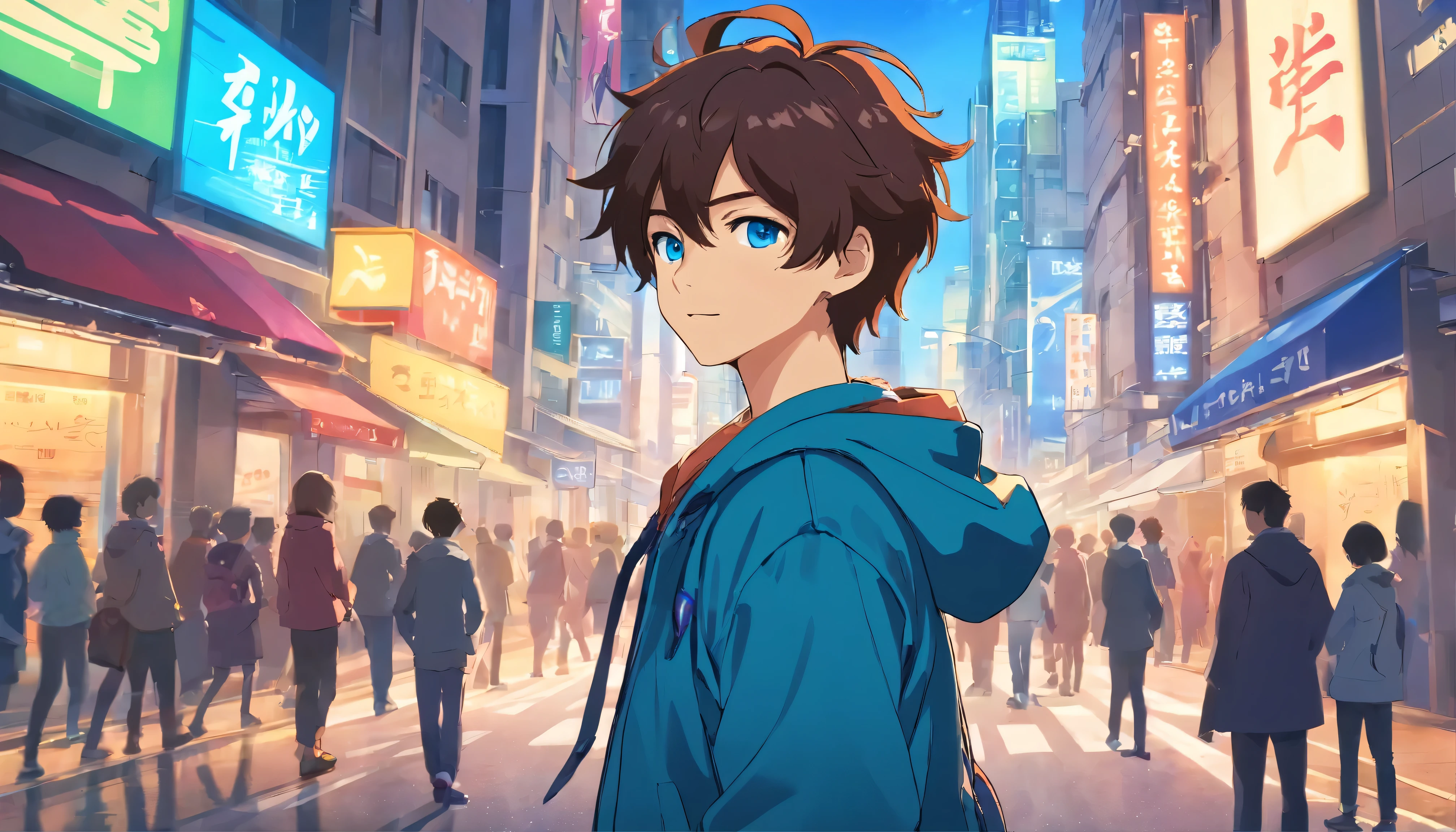 A boy with, Transform into an anime style, Exaggerate unique facial features and clothing, Light blue eyes, Puppy eyes and dark curls, blue jacket, Stand on the bustling city streets, The backlit background highlights the subject, High-contrast colors, 4K HD quality,Young, Smiling, Handsome