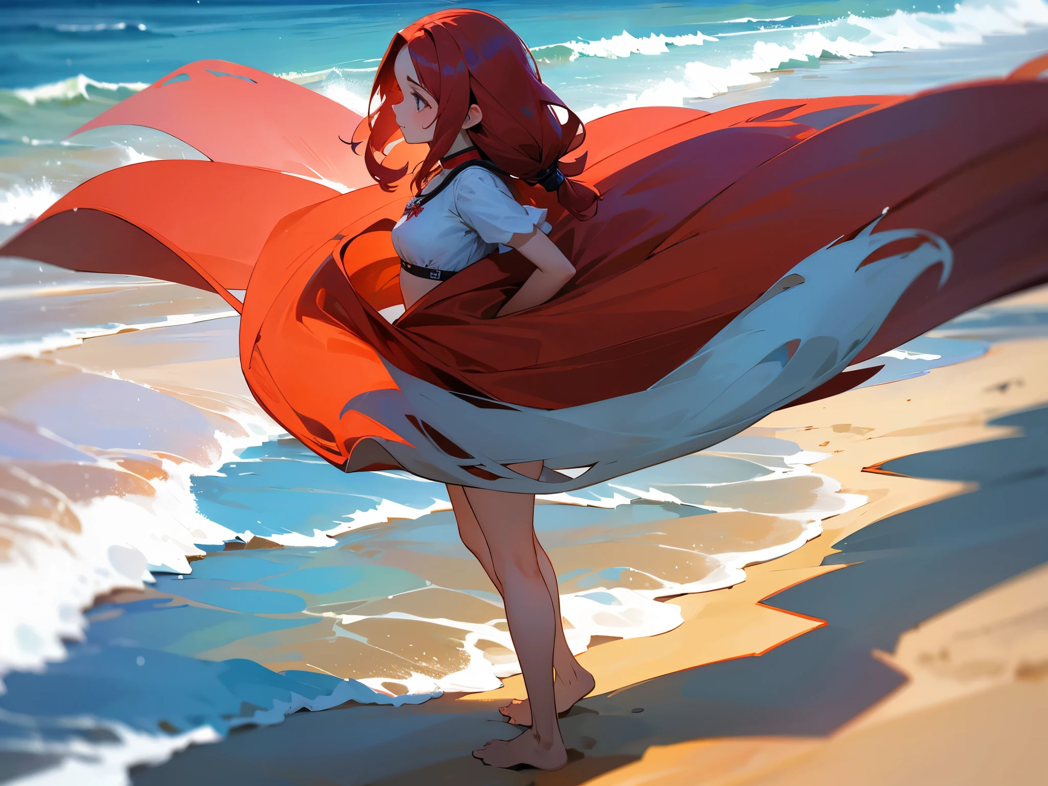 1 garota, cabelo vermelho, na praia, sem calcinha, olhos vermelhos.