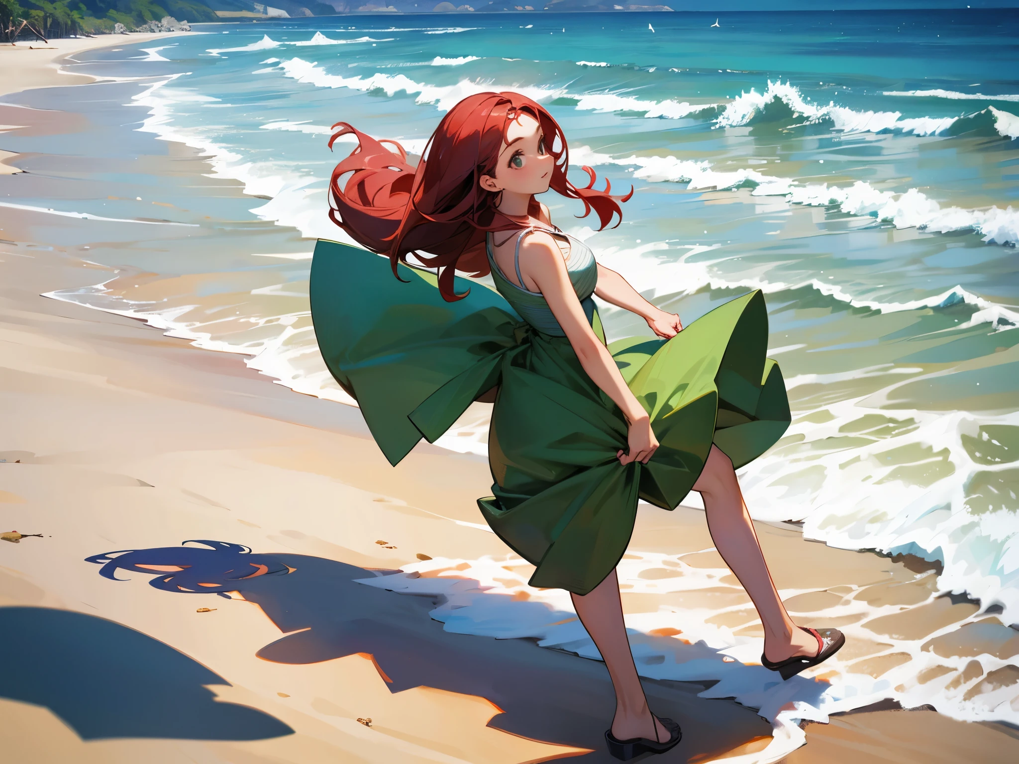1 garota, cabelo vermelho, na praia, sem calcinha, olhos vermelhos.