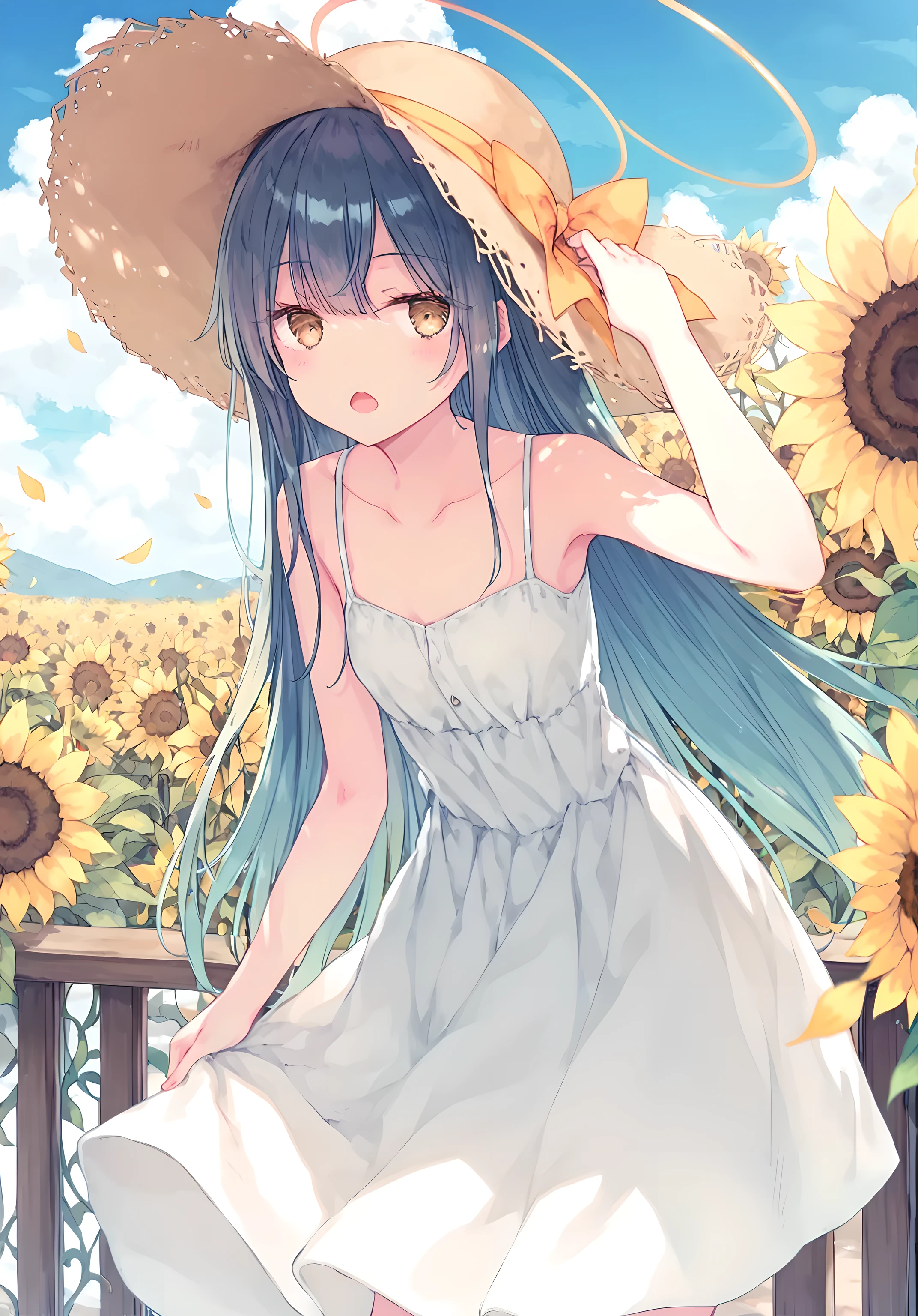 hiten \(hitenkei\),rurudo,score_9, score_8_up, score_7_up, masterpiece,best quality, newest,
1girl, looking at viewer,halo,blush,open mouth,bangs,bow,hair between eyes,bare shoulders,very long hair,standing,collarbone,yellow eyes,:d,small breasts,outdoors,day,white dress,arm up,blue sky,bare arms,petals,leaning forward,sleeveless dress,depth of field,leaf,white skirt,hat ribbon,cloudy sky,sun hat,blurry foreground,yellow flower,brown headwear,straw hat,sunflower,hand on headwear,sundress,