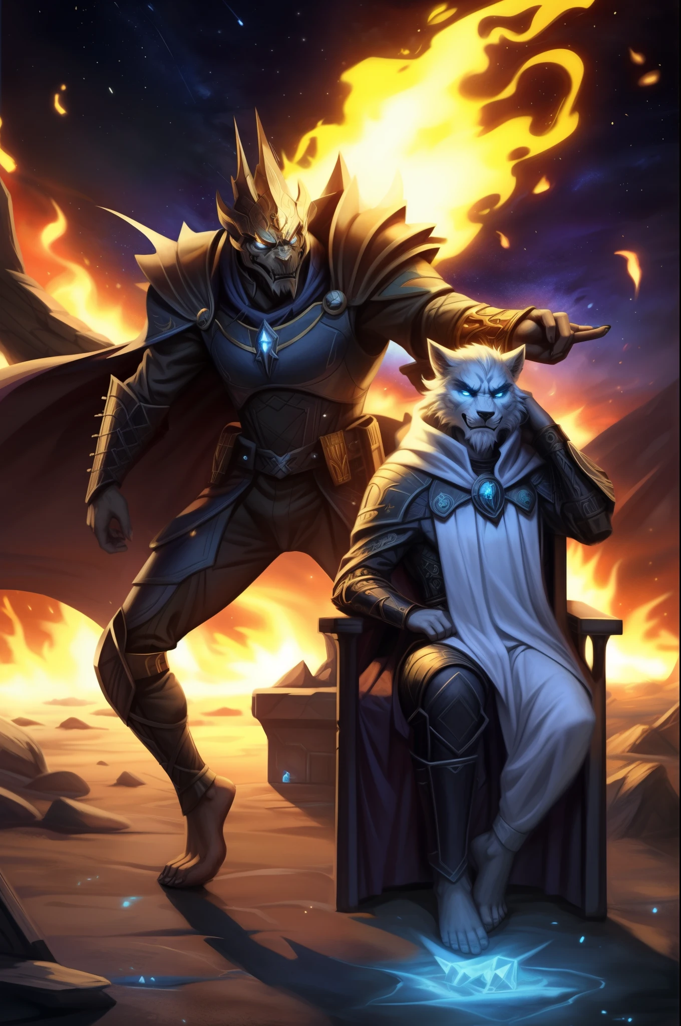 (((Barefoot furry character, full body, cinematic setting, male))) Sanctus Dominus Infernus ad astra Across the galaxy a new force of evil is rising Wizards of chaos fighting the throne of brave king of Dundee Entwined by mystic spells, they know where the sorcerer hidden Imprisoned in ice on the planet of Knights The powerful heroes of Crail Aeons of warfare returning No longer peace will survive The intergalactic great Empire of Fife will die For the king we will ride Through the dark galactic skies To defeat the foes When the chaos wizards rise Now the universe will burn Evil sorcerer returns Tragic fate rages tonight Chaos wizards rise! Sanctus Dominus Infernus ad astra BREAK, detailed background (modern lab), 8K, (masterpiece:1.5), intricate details, highly detailed, extreme detail, octane render, fine art, best quality, highres, (detailed face:1.5), ((full_body)), UHD, (((perfect hands)))