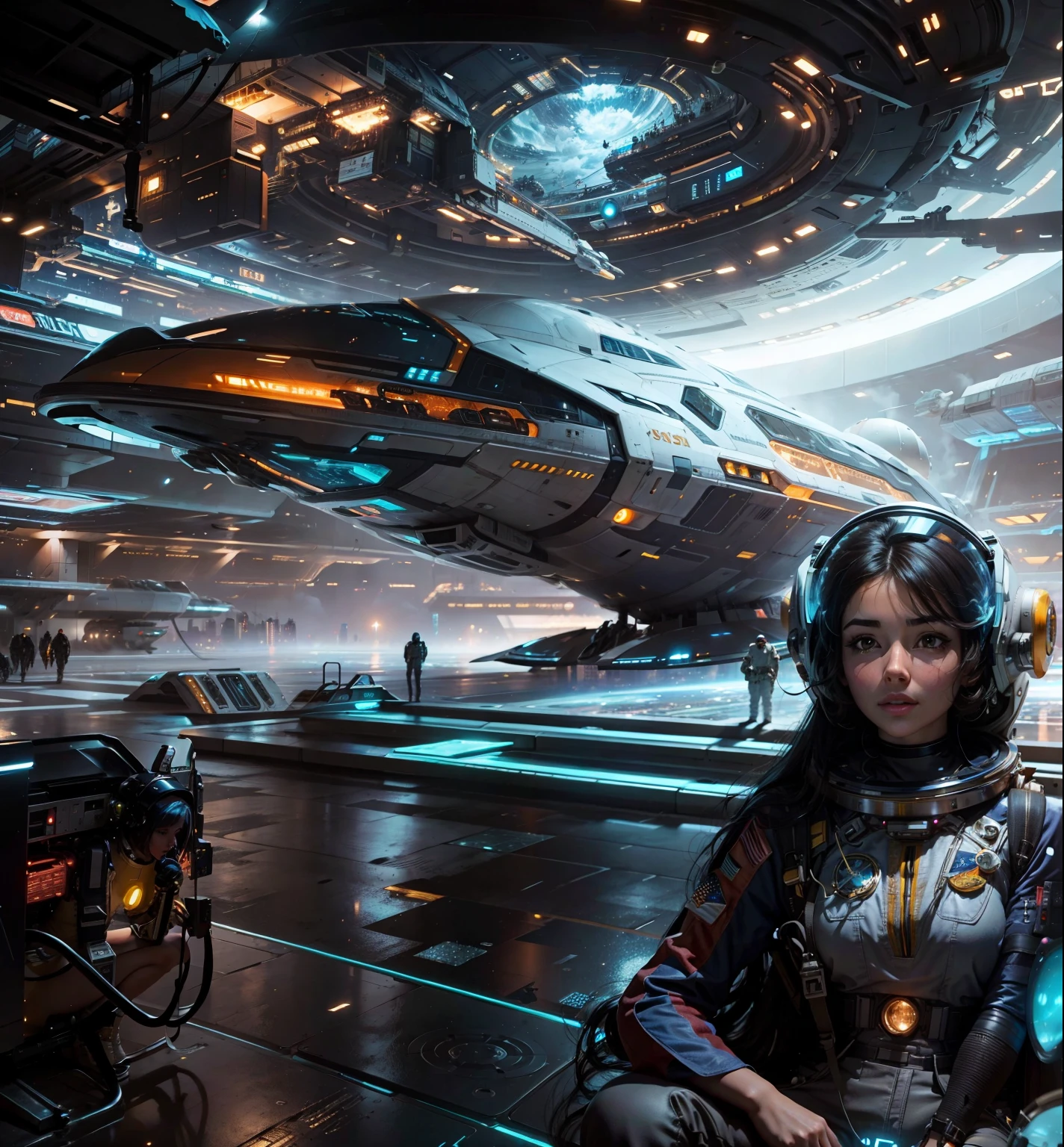 A very beautiful astronaut woman holding sitting waiting for departure in the foreground, in the background is a sci fi city and spaceport with a spaceship preparing to take off and lot of buildings lights on and glowing smoke around