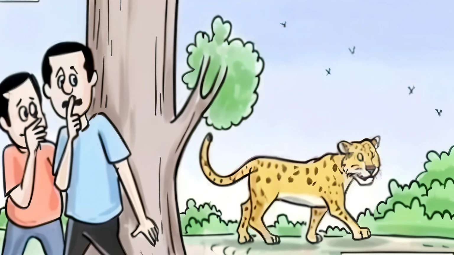 dibujos animados of a man and a woman standing next to a tree with a cheetah, dibujos animados image, dibujos animados illustration, illustration", illustration divertida, realistic dibujos animados, manchado, humanoid cheetah, dibujos animados still, perspectiva precisa, hand drawn dibujos animados, dibujos animados, a dibujos animados, funny dibujos animadosish, accurate representation, accurate illustration, in dibujos animados style, children's dibujos animados, animated movie still