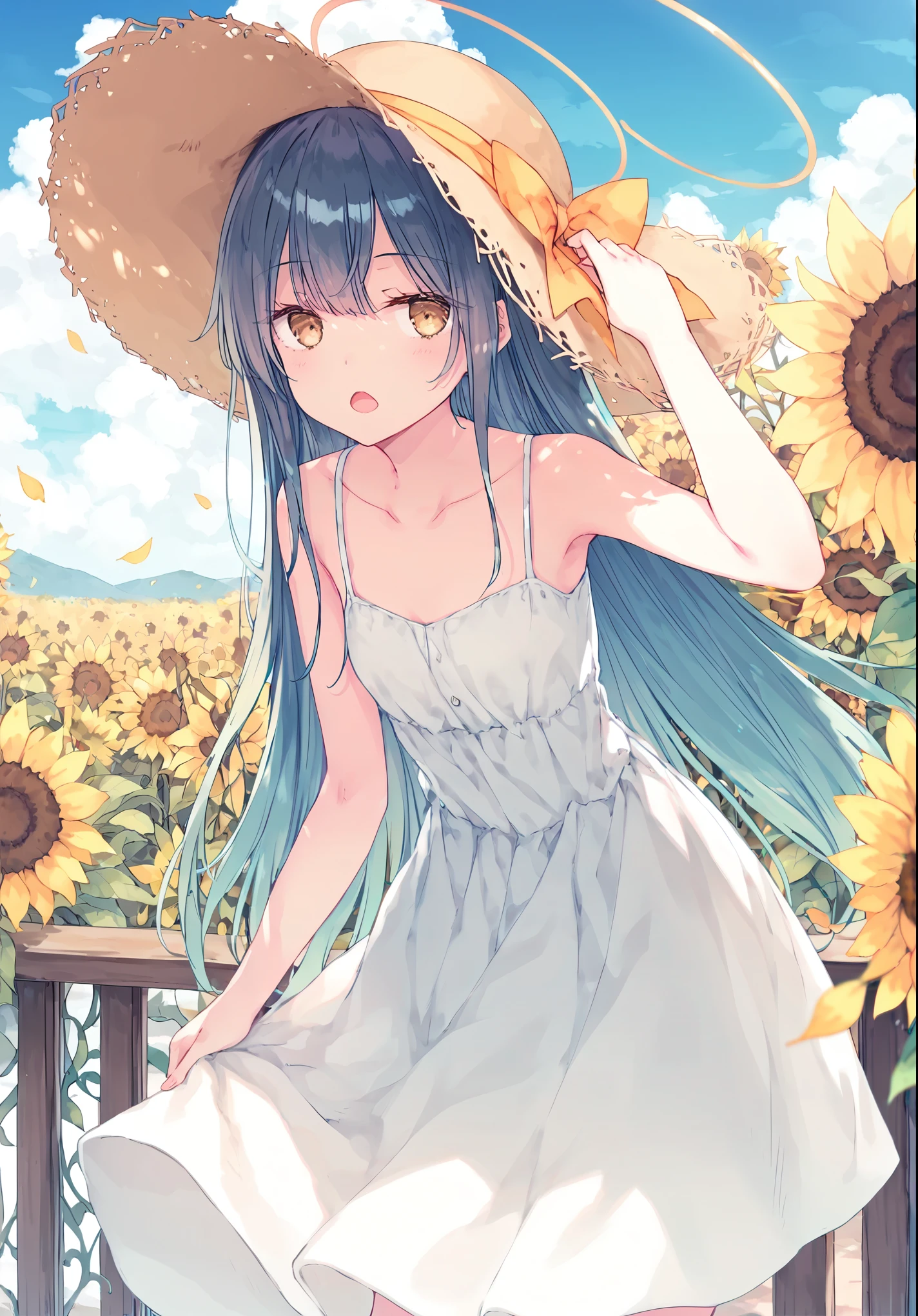 hiten \(hitenkei\),rurudo,score_9, score_8_up, score_7_up, masterpiece,best quality, newest,
1girl, looking at viewer,halo,blush,open mouth,bangs,bow,hair between eyes,bare shoulders,very long hair,standing,collarbone,yellow eyes,:d,small breasts,outdoors,day,white dress,arm up,blue sky,bare arms,petals,leaning forward,sleeveless dress,depth of field,leaf,white skirt,hat ribbon,cloudy sky,sun hat,blurry foreground,yellow flower,brown headwear,straw hat,sunflower,hand on headwear,sundress,